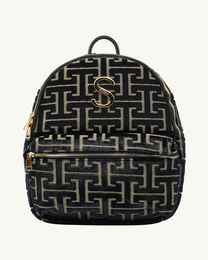 Handgemachter SORENA-Rucksack ANDRO mit geometrischem Muster in schwarz-gold – nachhaltiges Design exklusiv bei SIMORA, Frontansicht