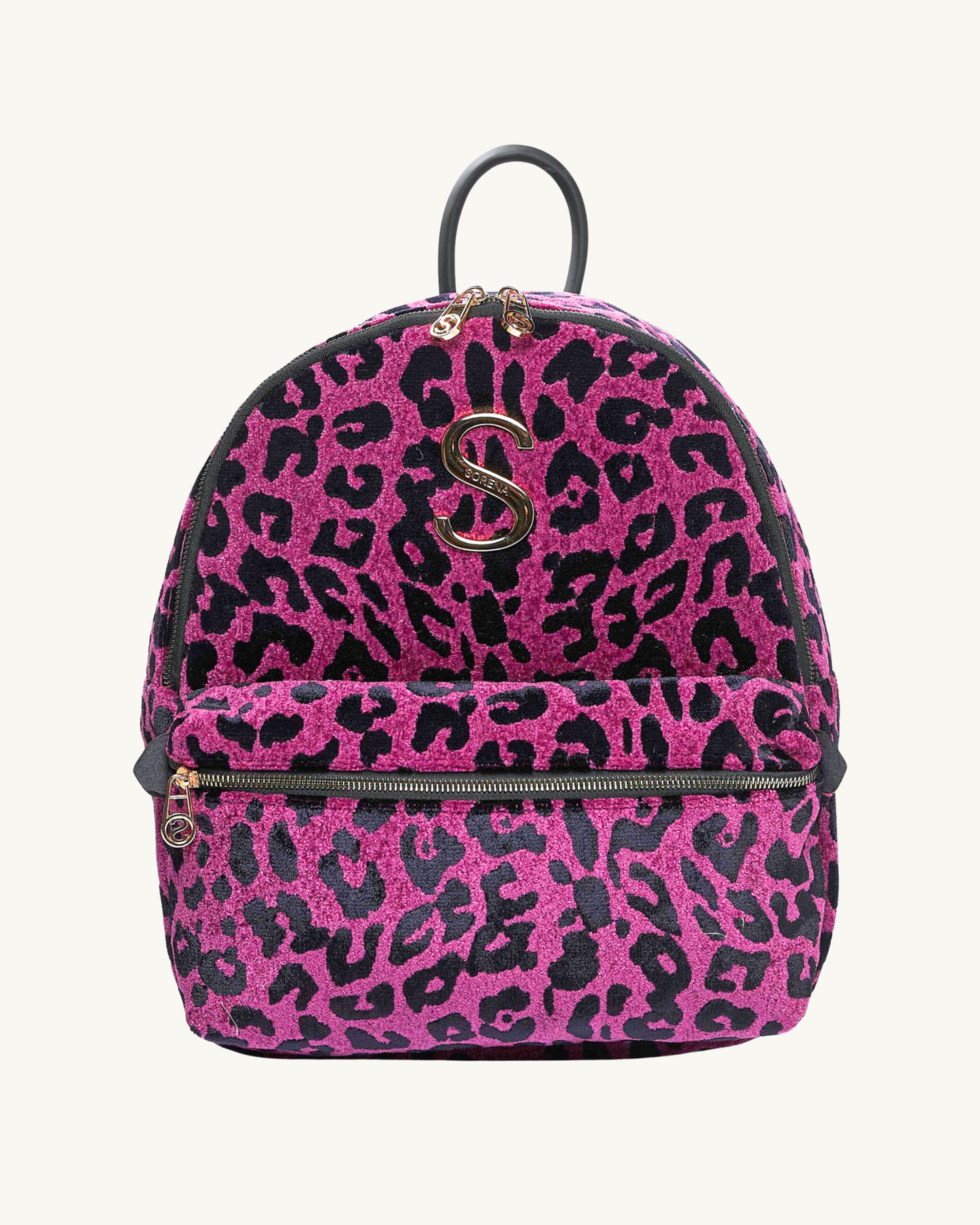 Handgemachter SORENA-Rucksack mit Leopardmuster in magenta-gold – nachhaltiges Design exklusiv bei SIMORA, Frontansicht