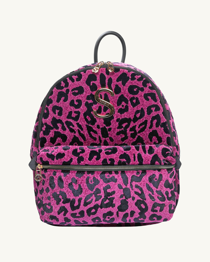 Handgemachter SORENA-Rucksack mit Leopardmuster in magenta-gold – nachhaltiges Design exklusiv bei SIMORA, Frontansicht