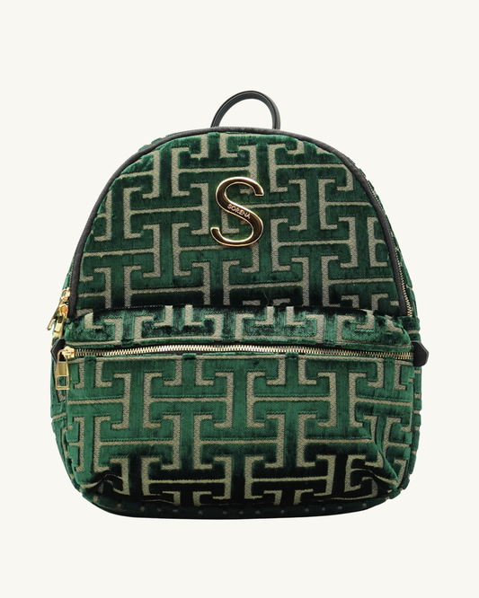 Handgemachter SORENA-Rucksack NAFSIKA mit geometrischem Muster in grün-gold – nachhaltiges Design exklusiv bei SIMORA, Frontansicht