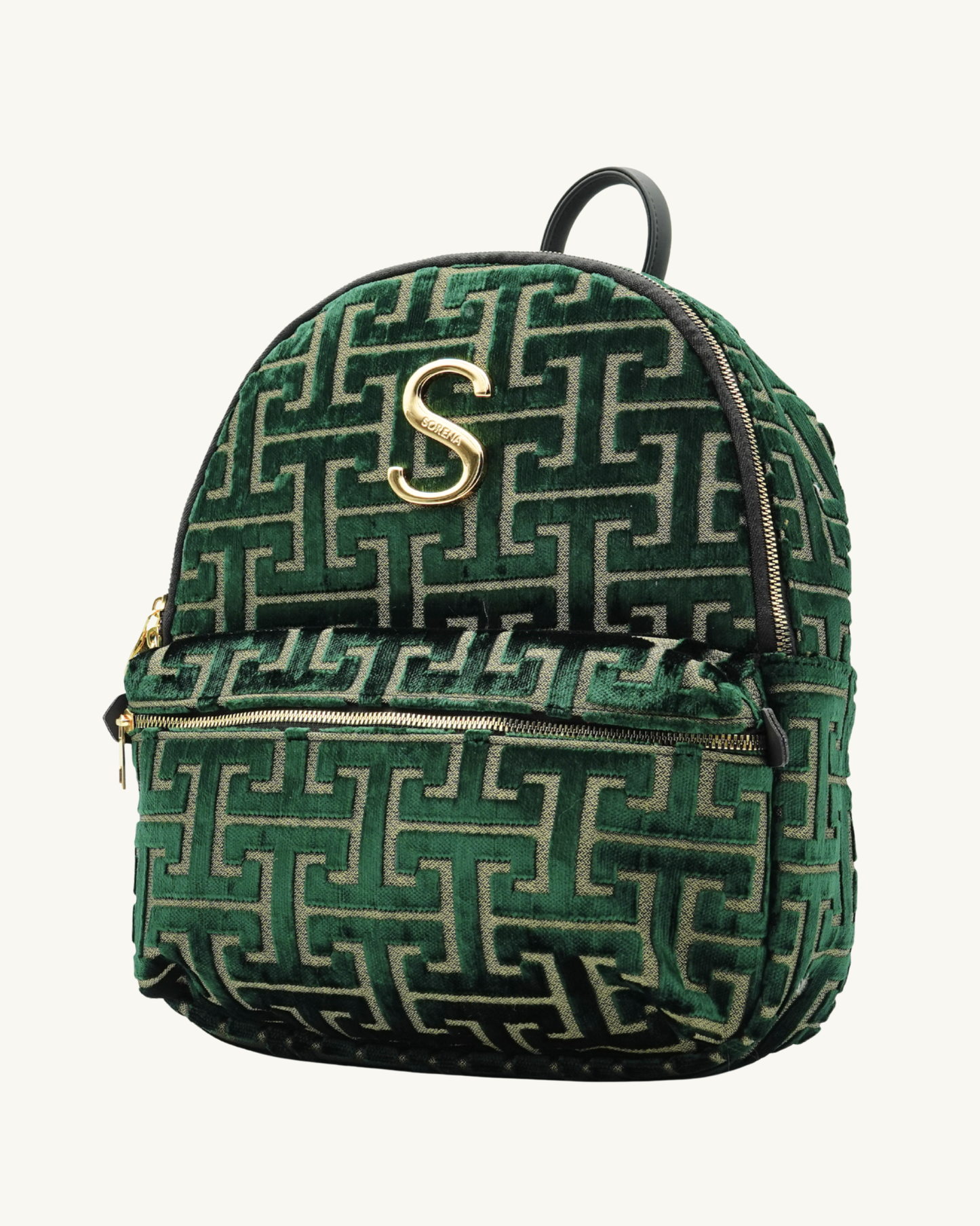 Linke Seitenansicht des nachhaltigen SORENA-Rucksacks NAFSIKA in grün-gold – handgefertigtes geometrisches Design aus dem SIMORA-Shop