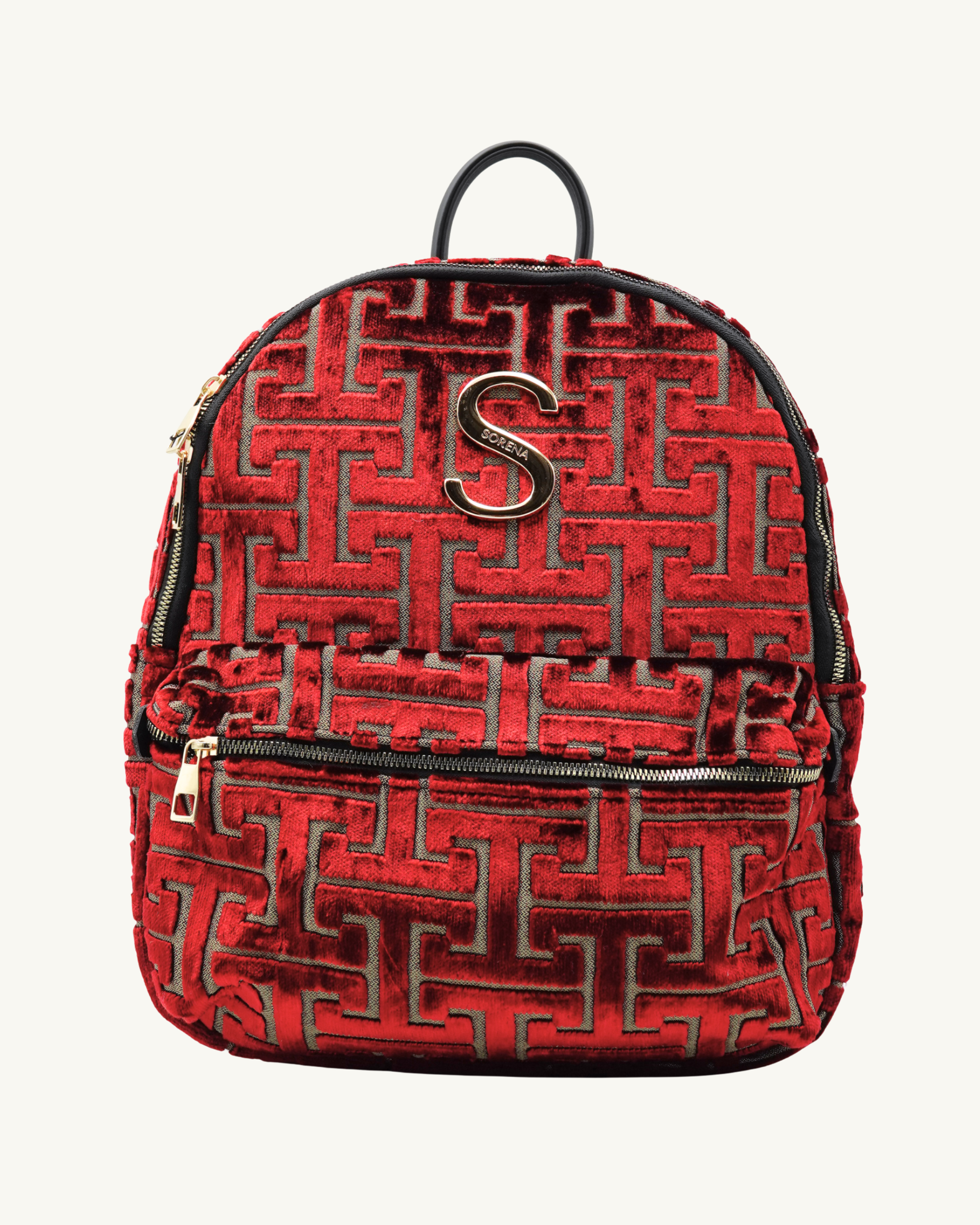 Handgemachter SORENA-Rucksack in rot-gold mit goldenen Zippern – nachhaltiges Design exklusiv bei SIMORA, Frontansicht