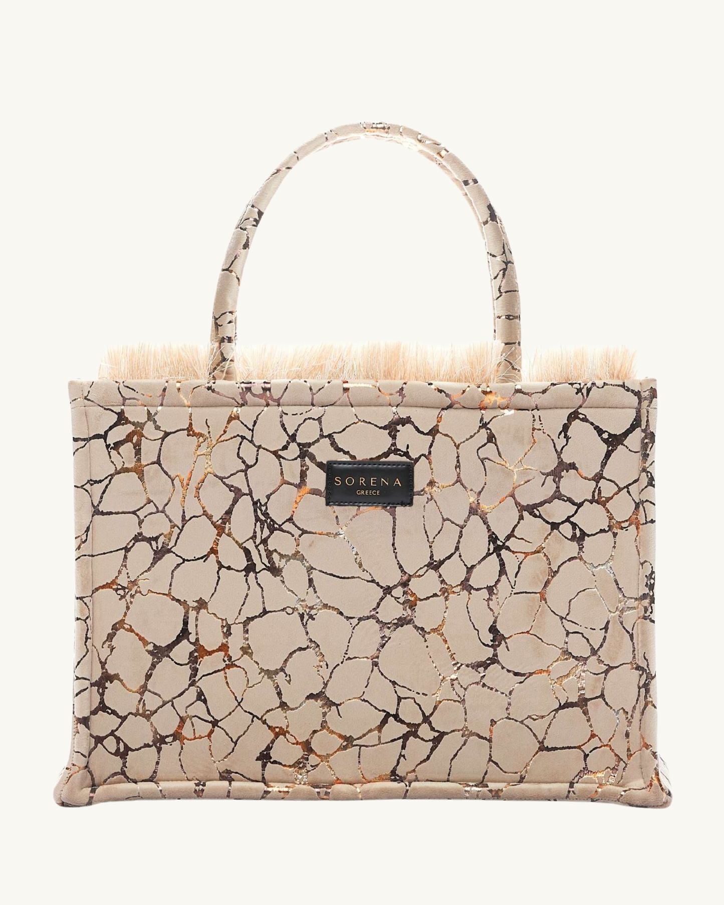 AMOUDI Shopper frontal – beige-goldenes Kristallmuster mit Fransen, strukturierte Oberfläche, handgefertigt & vegan