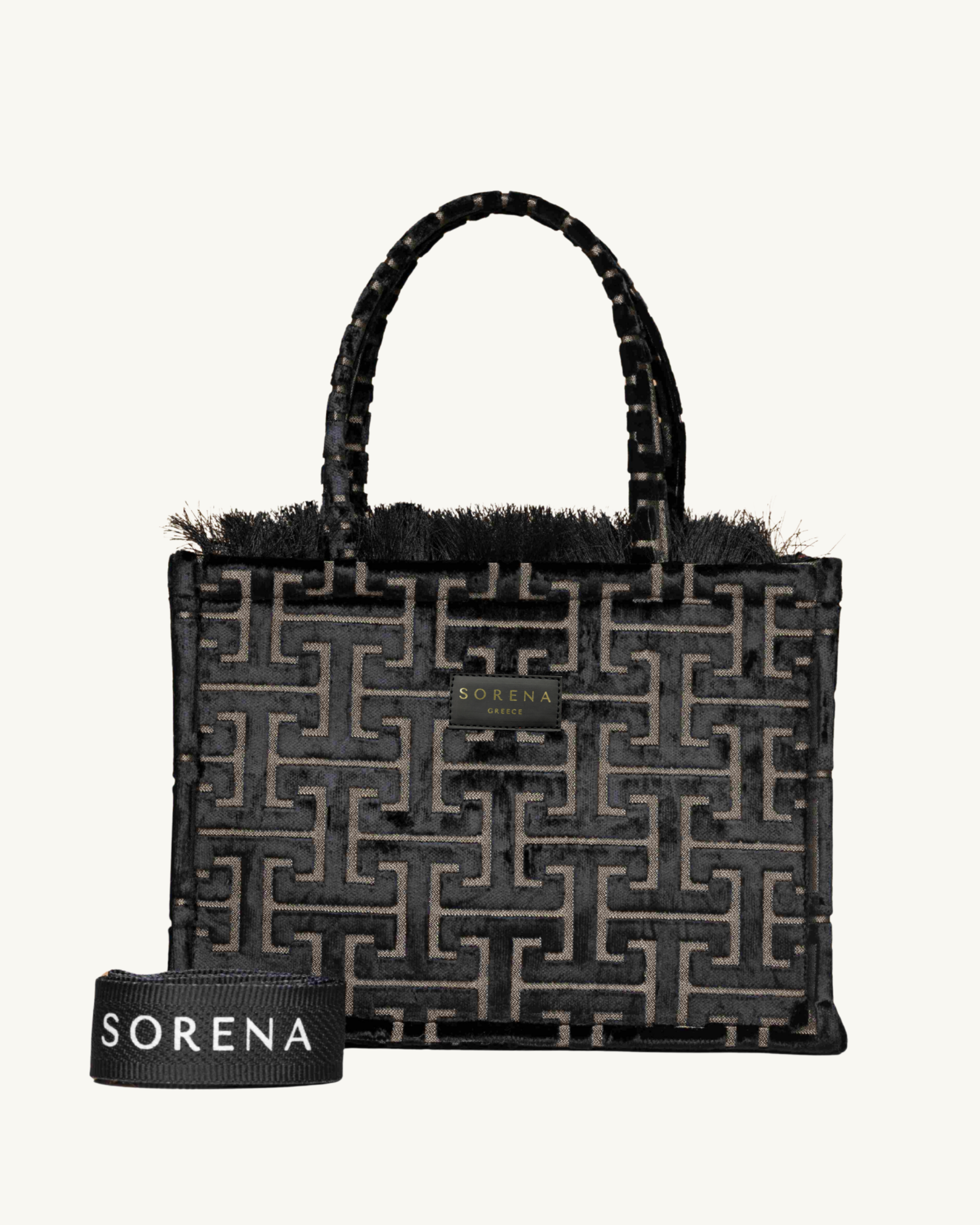 ANDRO Shopper frontal – geometrisches Muster in Schwarz-Grau, stabile Henkel & Markenlabel, SORENA, handgemacht & vegan