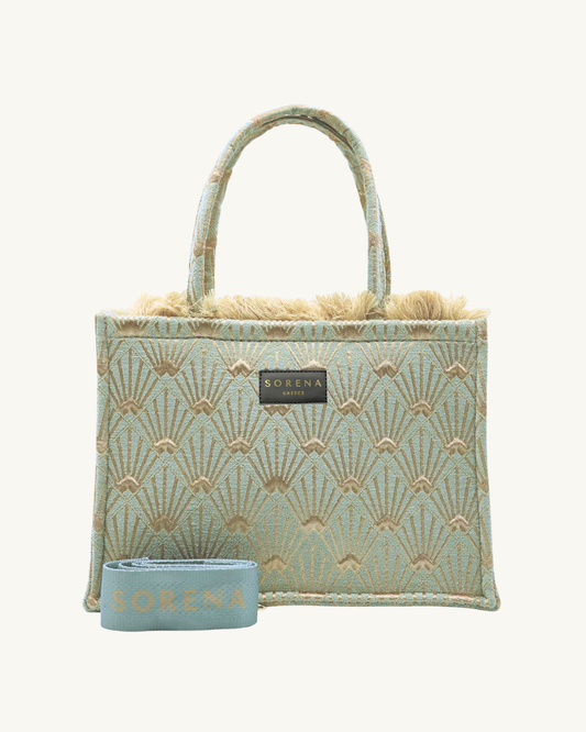 Frontansicht der SORENA ARXIPELAGOS Shopper – handgemacht aus veganem Material mit strukturierter Oberfläche in Beige-Creme, nachhaltig produziert für Frauen mit Stil und Ruhe.