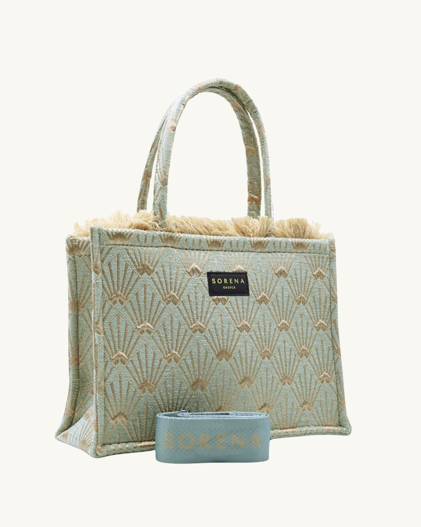 Seitenansicht der handgemachten SORENA ARXIPELAGOS Shopper – vegane, nachhaltige Tasche mit klarer Silhouette und strukturierter Stofftextur in Beige-Creme.