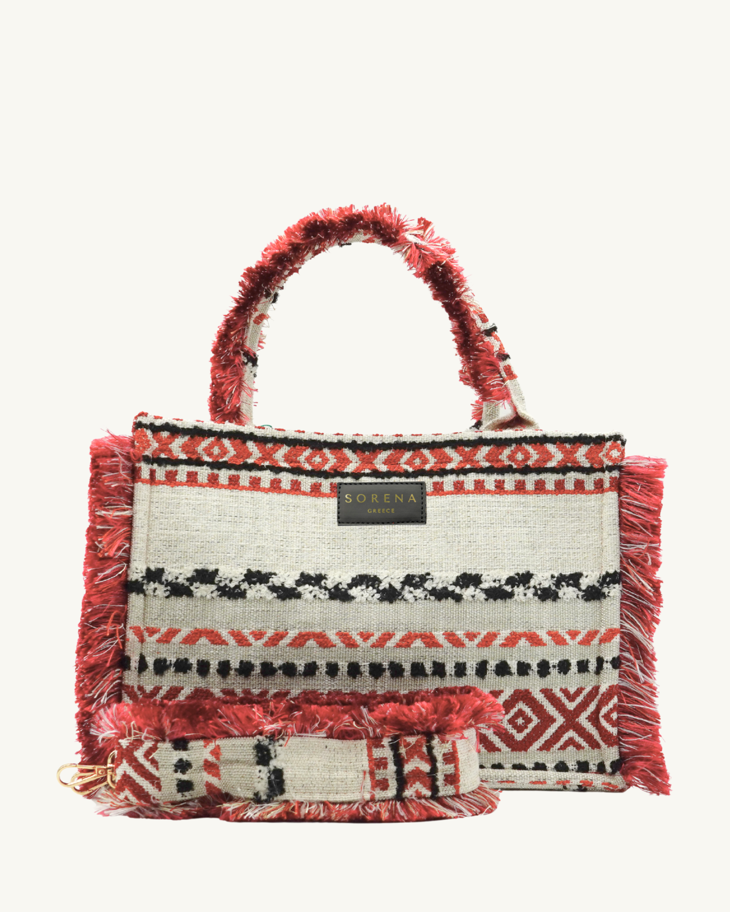 BOHINA EMELY Shopper frontal – rot-beiges Muster mit Fransen, strukturierte Oberfläche, handgefertigt & vegan