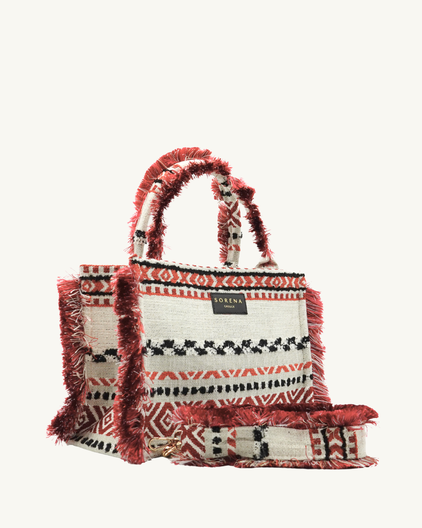 BOHINA EMELY Shopper seitlich – rot-beiges Boho-Muster mit Fransen, stabile Form, nachhaltig & handgefertigt