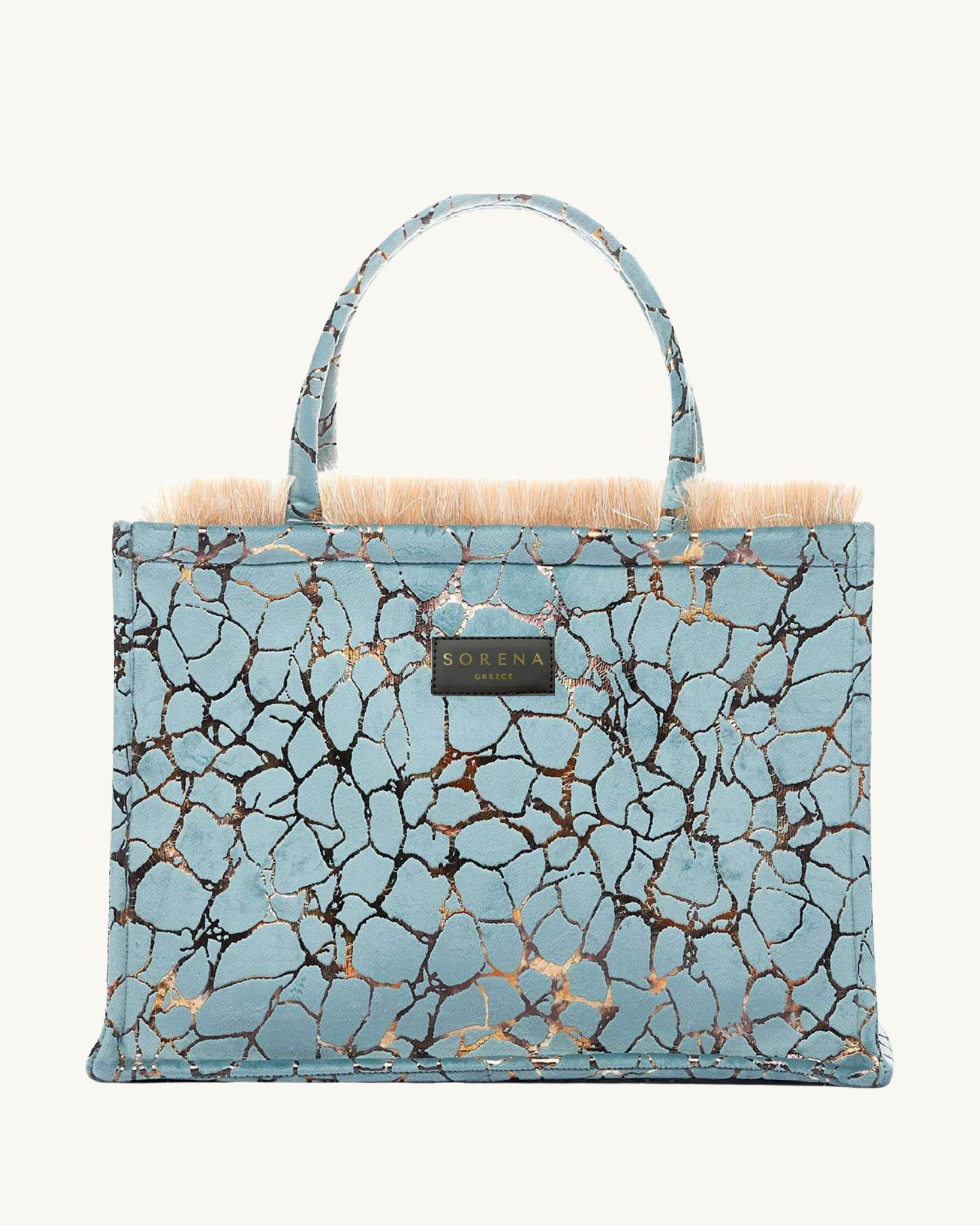 CRYSTALIA Shopper frontal – kaleidoskopisches Kristallmuster in Blau-Gold, beige Kante & stabile Henkel