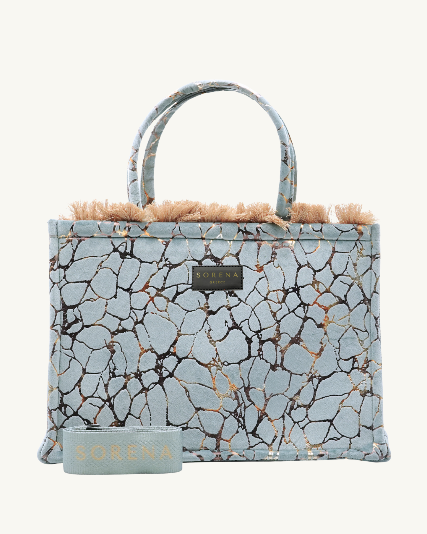 CRYSTALIA Shopper frontal mit SORENA-Gurt – Kristallmuster, beige Kante & Fransen, stilvoll kombiniert