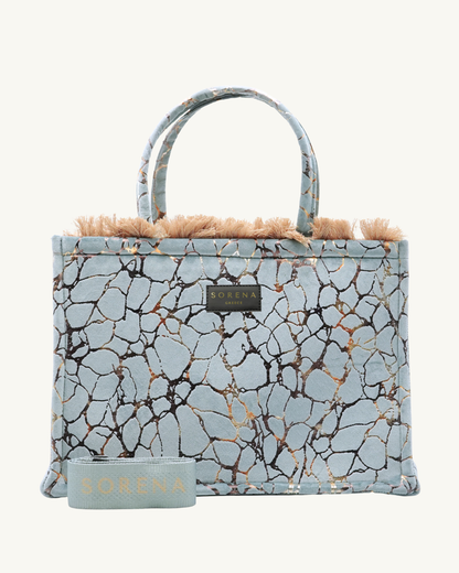 CRYSTALIA Shopper frontal mit SORENA-Gurt – Kristallmuster, beige Kante & Fransen, stilvoll kombiniert