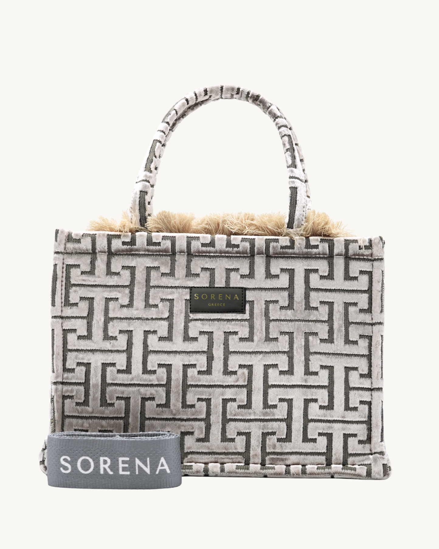 DAPHNE Shopper frontal – dezente Struktur in Silber-Weiß, stabile Henkel & Markenlabel, SORENA, handgemacht & vegan