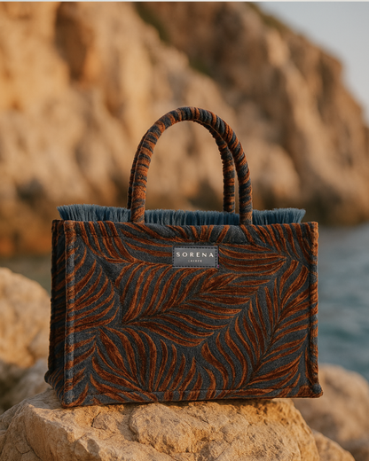 Frontansicht der handgemachten SORENA DOROTHY Shopper in Dunkelrot – vegane, nachhaltige Tasche vor maritimer Kulisse, mit herbstlicher Eleganz im Sonnenlicht am Meer.