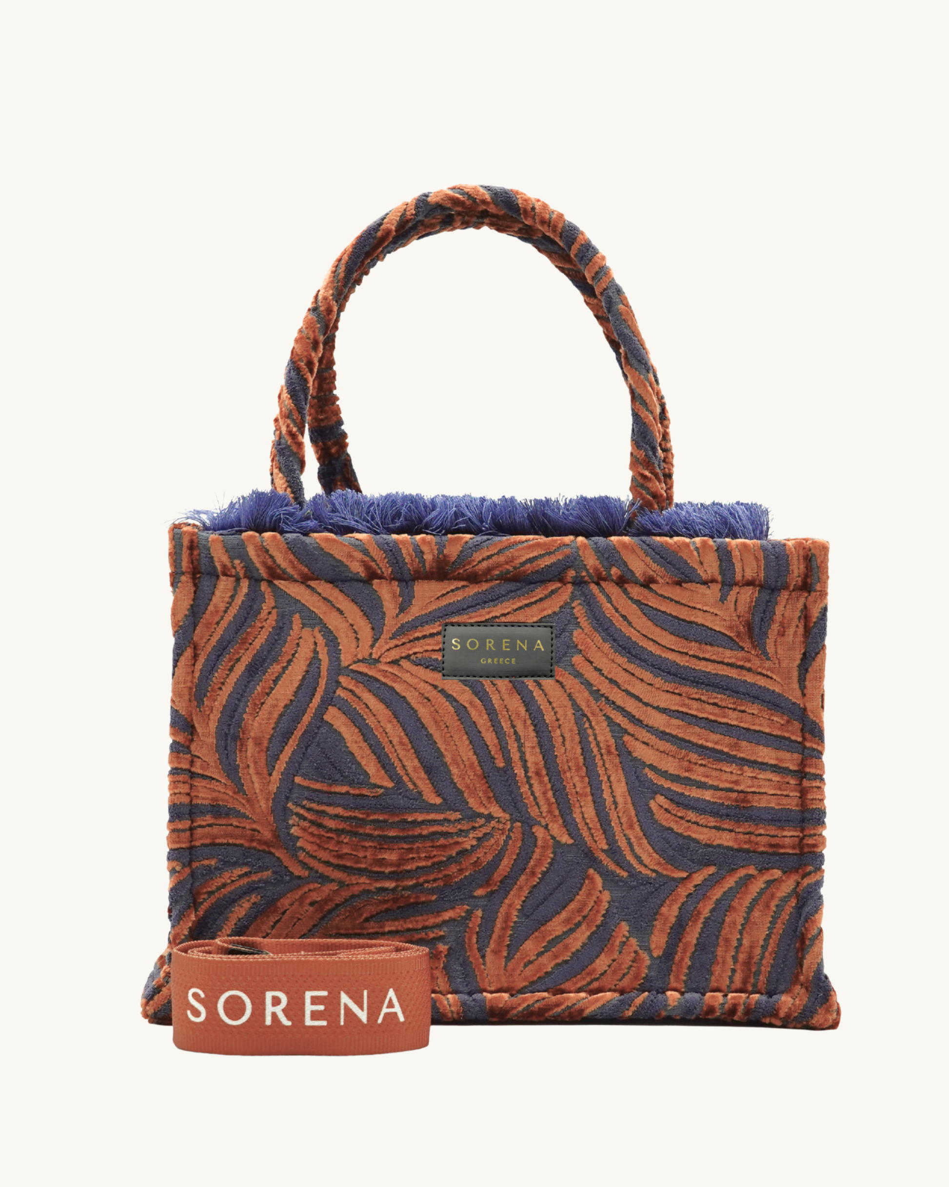 Frontansicht der SORENA DOROTHY Shopper – handgemacht aus veganem Material mit herbstlich gefärbter Blattoptik, nachhaltig produziert für stilbewusste Frauen.