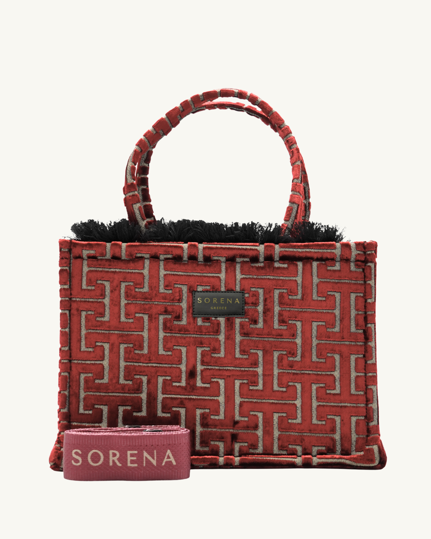 FILOMENI Shopper frontal – tiefrotes Muster auf schwarzem Grund, stabile Henkel & Markenlabel, SORENA, handgemacht & vegan