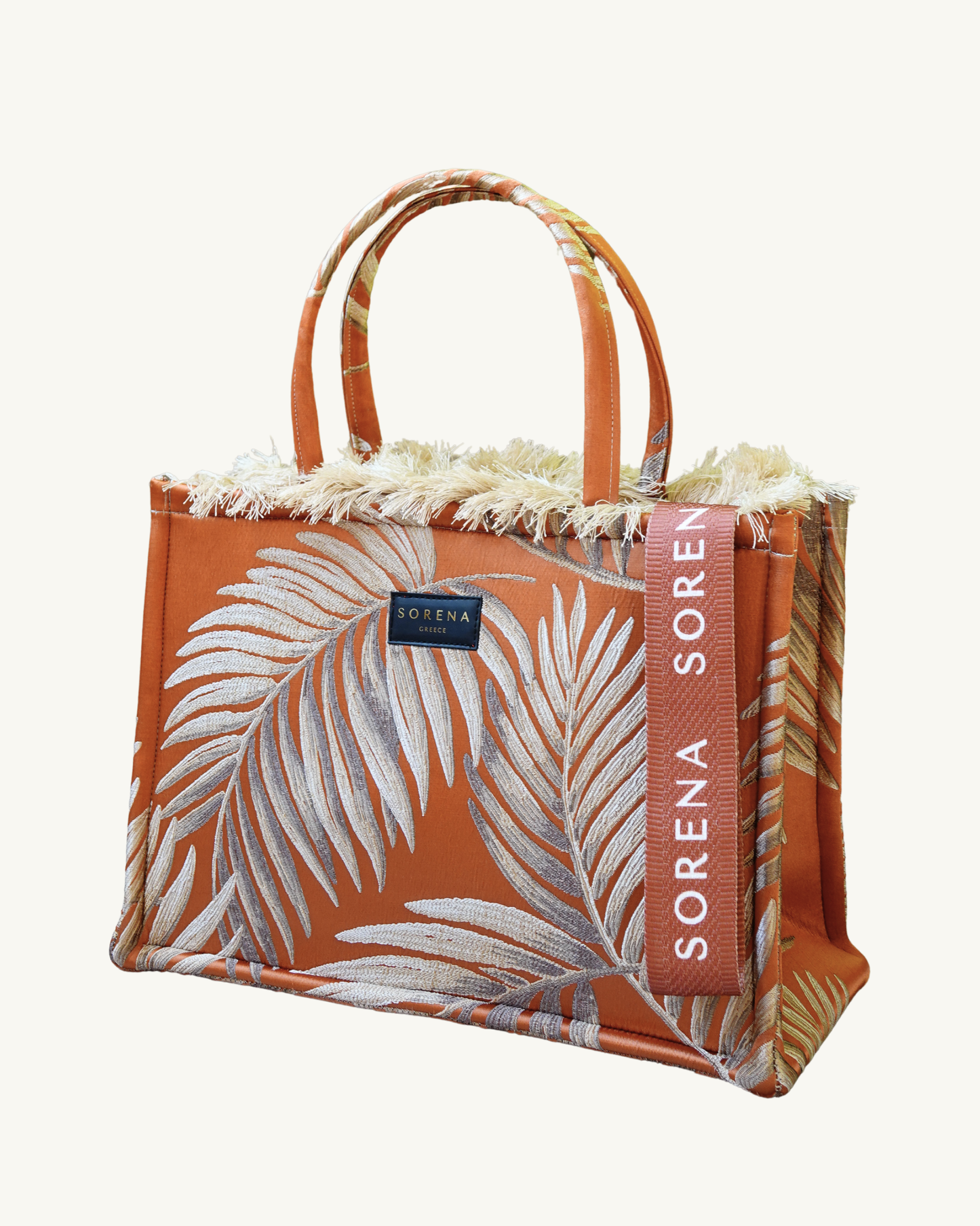 FTERA Shopper seitlich – orange-goldenes Palmenmuster mit Fransen, stabile Form, nachhaltig & handgefertigt