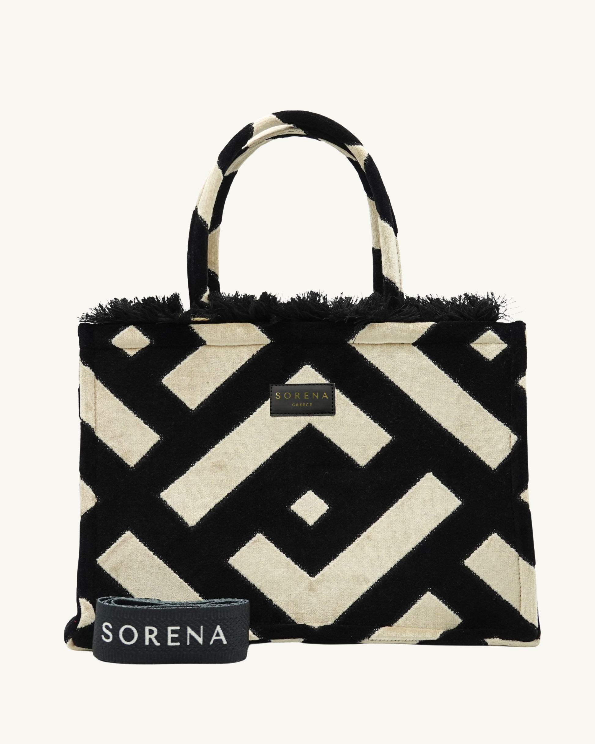 GLORIA Shopper frontal – klare Linien, geometrisches Muster & stabile Henkel, handgefertigt in Griechenland