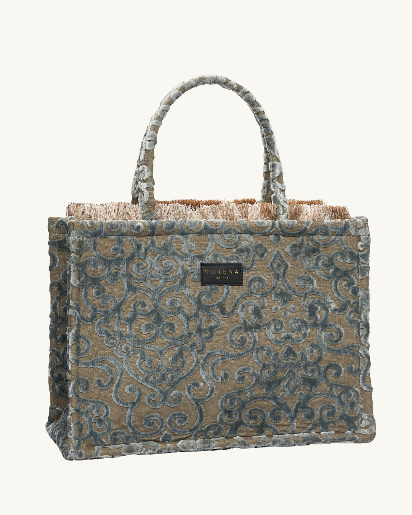 ELEONORA Shopper frontal – blau-graues florales Design mit Fransen, strukturierte Oberfläche, handgefertigt