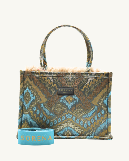 ILIANA Shopper frontal – mediterranes Brokatmuster in Blau-Gold-Grün, beige Fellkante & stabile Henkel