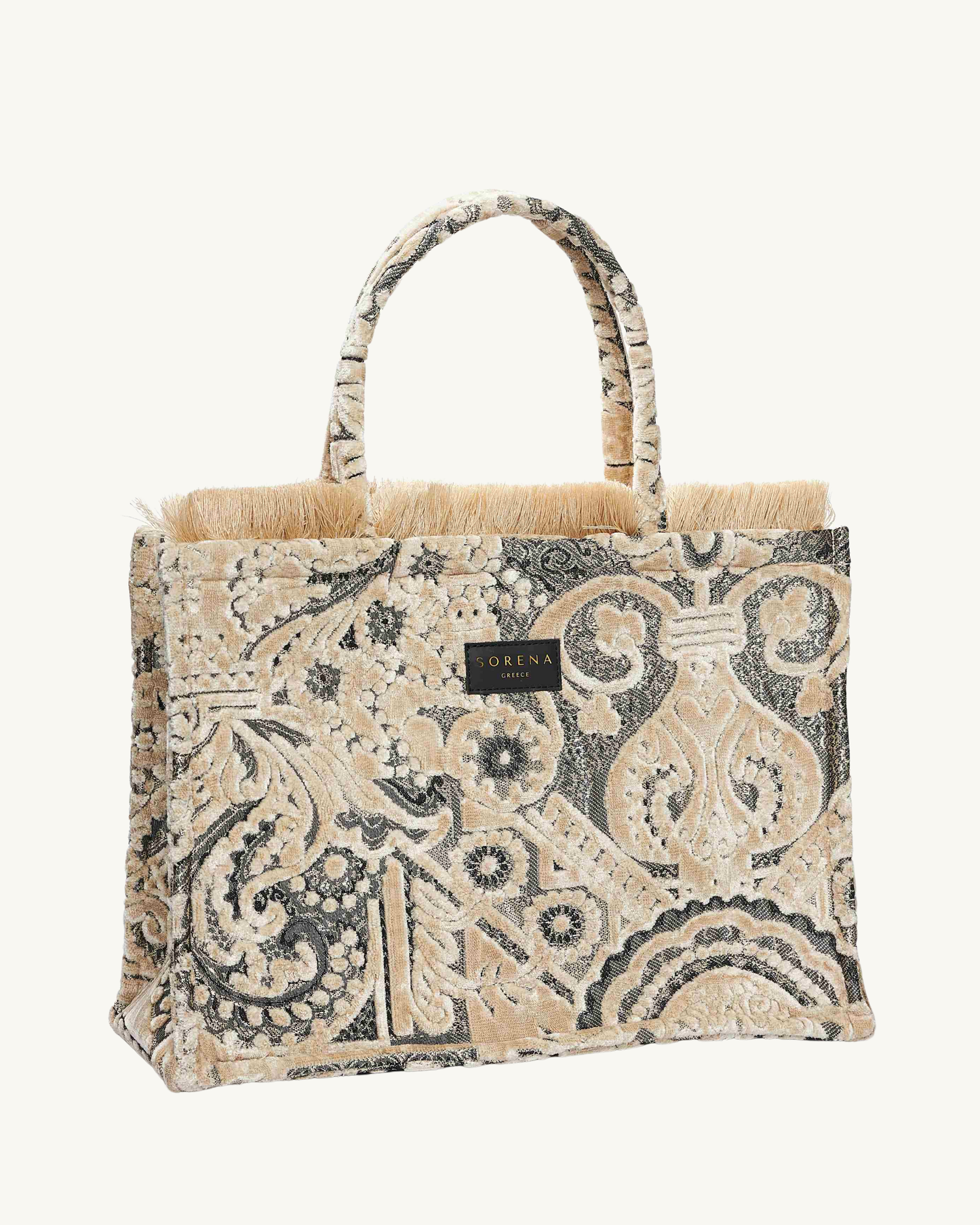 ANGELINA Tasche rechts – geometrisch-florale Muster, Fransen & klare Linien, nachhaltig in Griechenland gefertigt