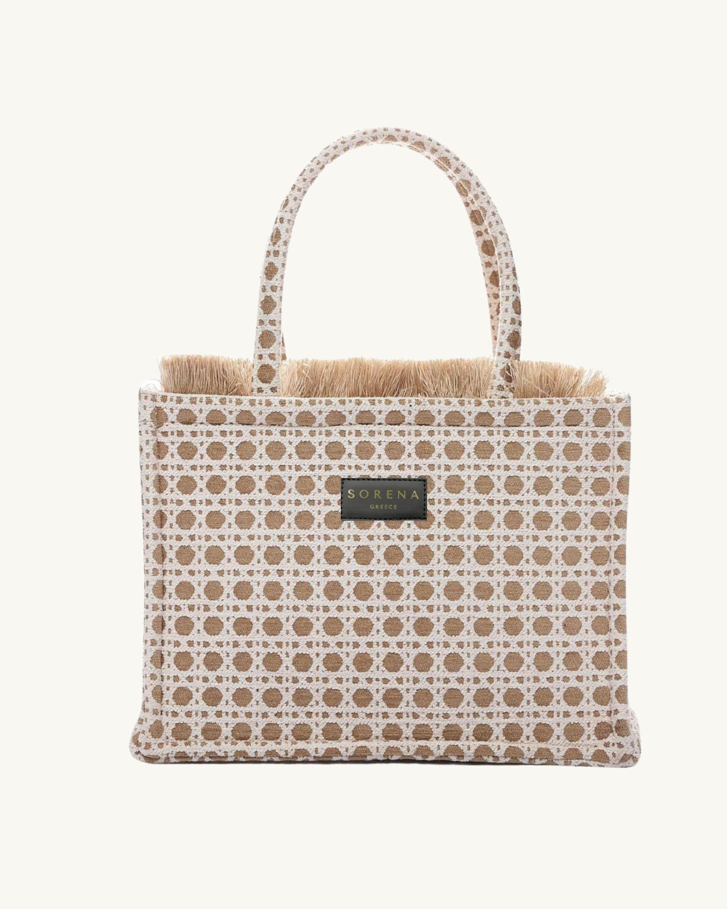Frontansicht der SORENA PANAREA Shopper – handgemacht aus veganem Material mit strukturierter Kreismuster-Oberfläche in Beige-Weiß, nachhaltig produziert für subtile Eleganz.