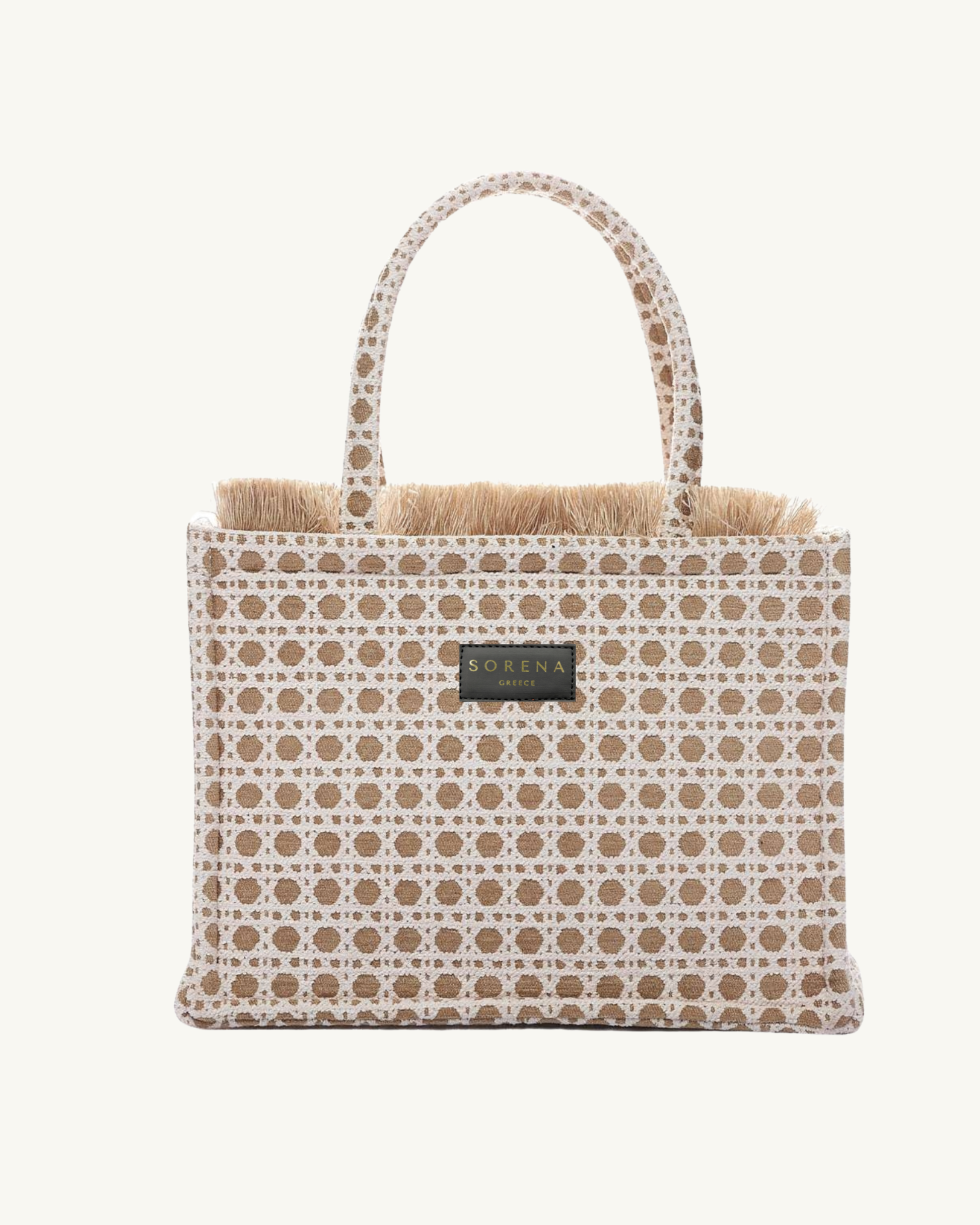Frontansicht der SORENA PANAREA Shopper – handgemacht aus veganem Material mit strukturierter Kreismuster-Oberfläche in Beige-Weiß, nachhaltig produziert für subtile Eleganz.