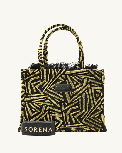 SYLVANA Shopper frontal – klare Linien in Schwarz-Gold, strukturierter Stoff & stabile Henkel, SORENA, handgemacht & vegan