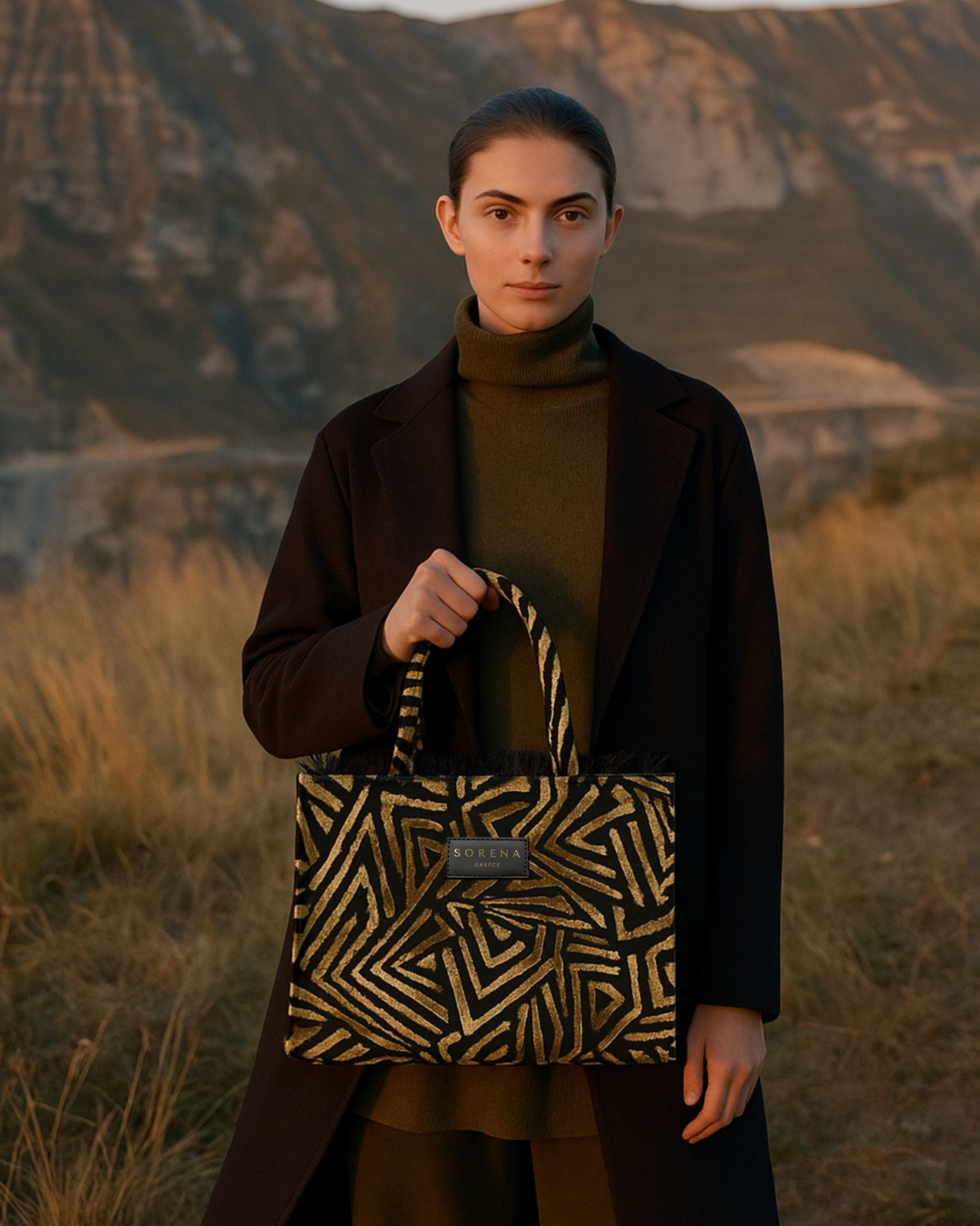 SYLVANA Shopper am Model – geometrisches Schwarz-Gold-Muster, strukturierter Stoff & Markenband, SORENA, handgemacht & vegan
