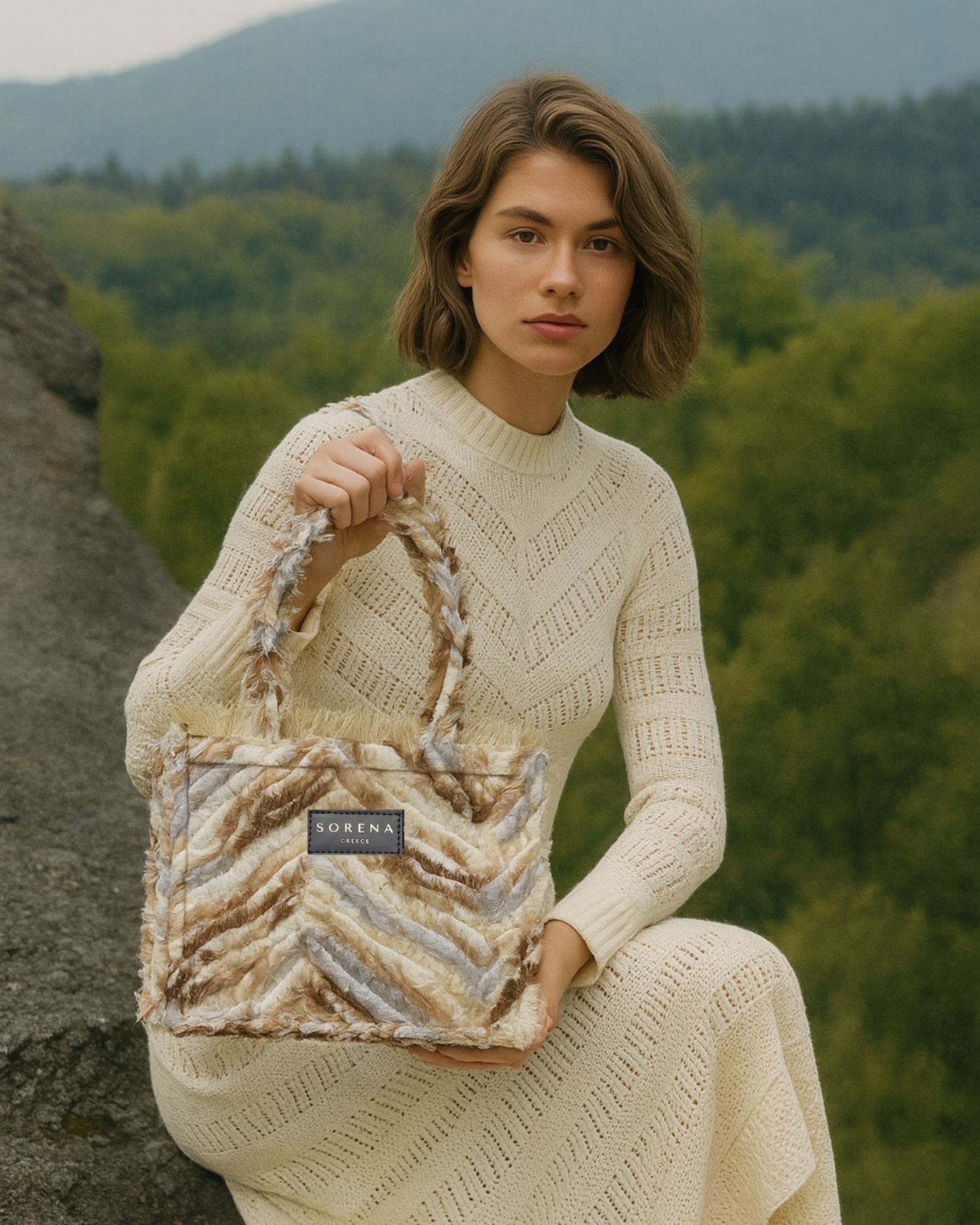 TIFFANY Shopper am Model – federartiges Zickzack-Muster, flauschiges Finish & Markenband, handgemacht & vegan