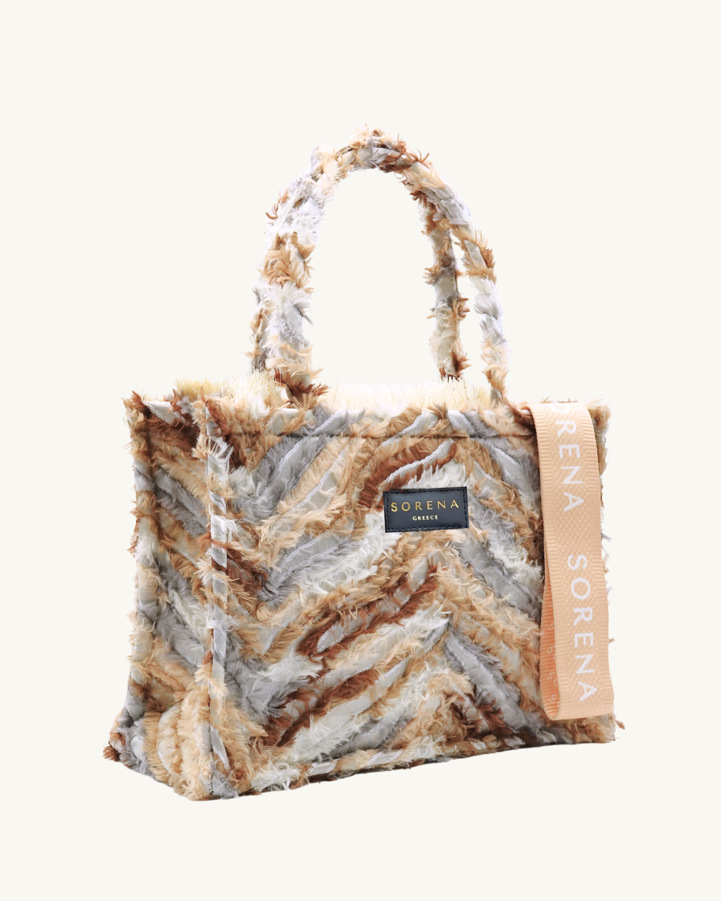 TIFFANY Shopper von rechts – strukturierte Oberfläche mit Bewegung, peachfarbenes Markenband & Fransen, nachhaltig