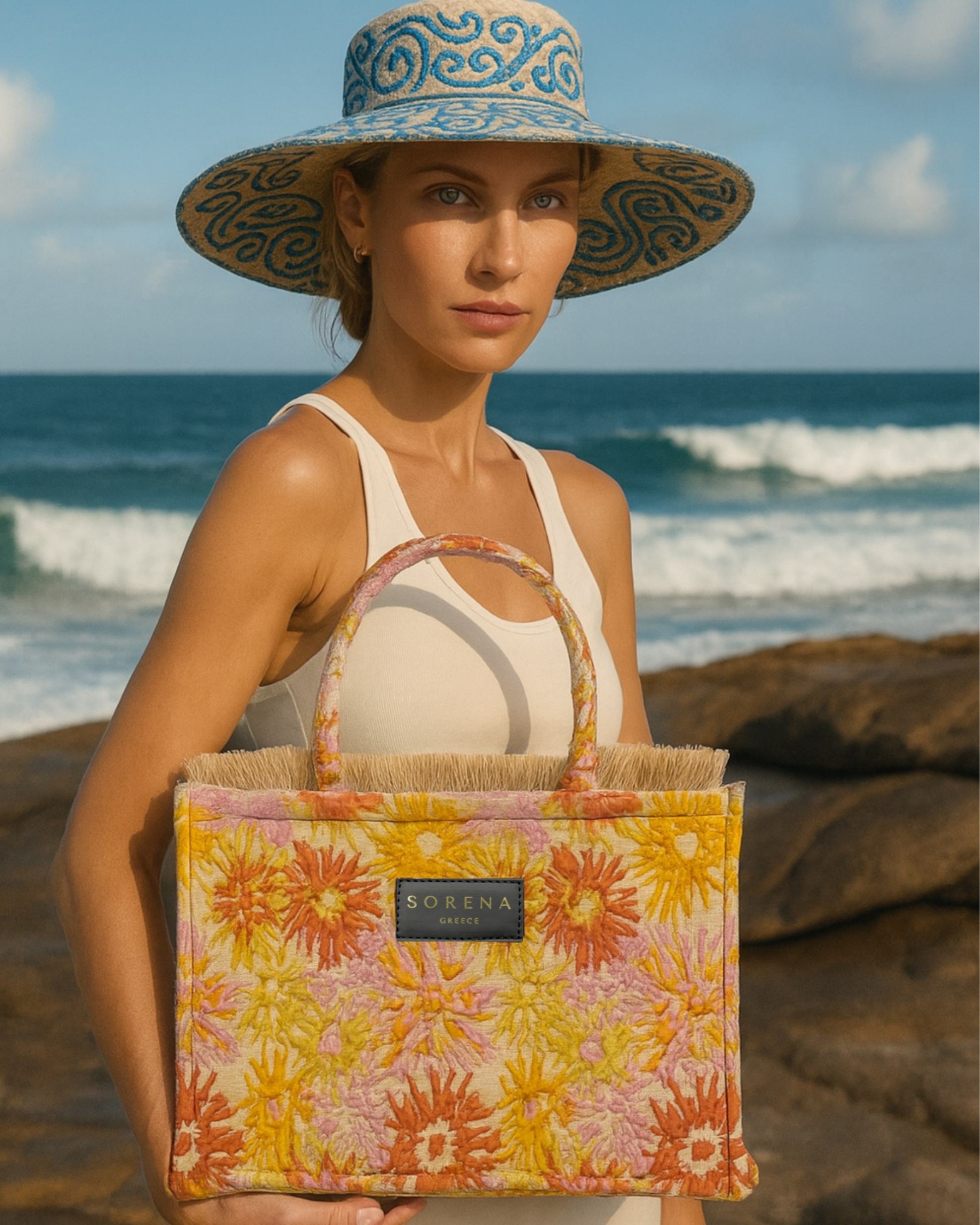 Model trägt die handgemachte SORENA XRYSANTHI Shopper am Strand – vegane, nachhaltige Tasche mit floralem Muster in warmen Gelb- und Rosatönen, ideal für Sommer, City und Business-Casual.