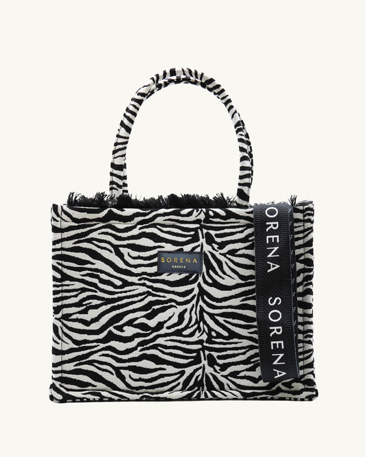 ZEGNIA Shopper frontal mit hängendem SORENA-Gurt – Zebra-Muster, Fransen & vegane Materialien, stilvoll kombiniert
