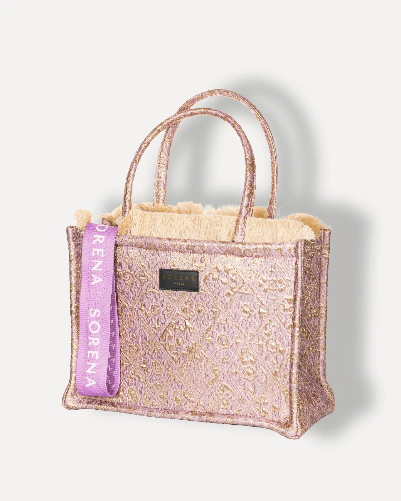 Linke Seite Anemi Medium Tote Bag Sorena Greece, Rosegold Samtvelour Tiefenwirkung breite Griffe mittelgroßer Shopper handgefertigt.