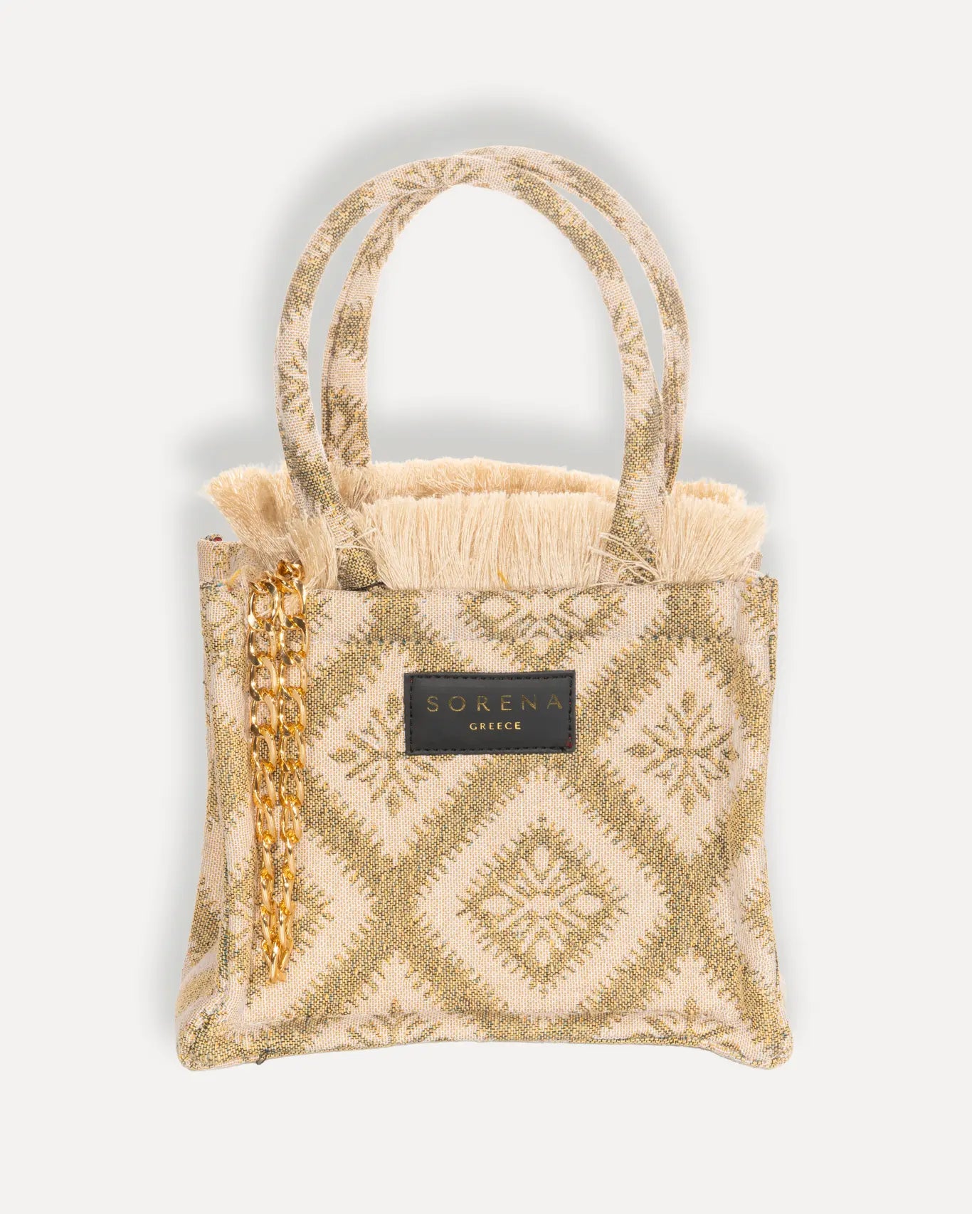 Sorena Greece Arhontissa Mini Tote Bag Jacquard in Sand Beige Ivory mit Diamanten Blumenwebmuster, kleiner handgefertigter Shopper Griechenland