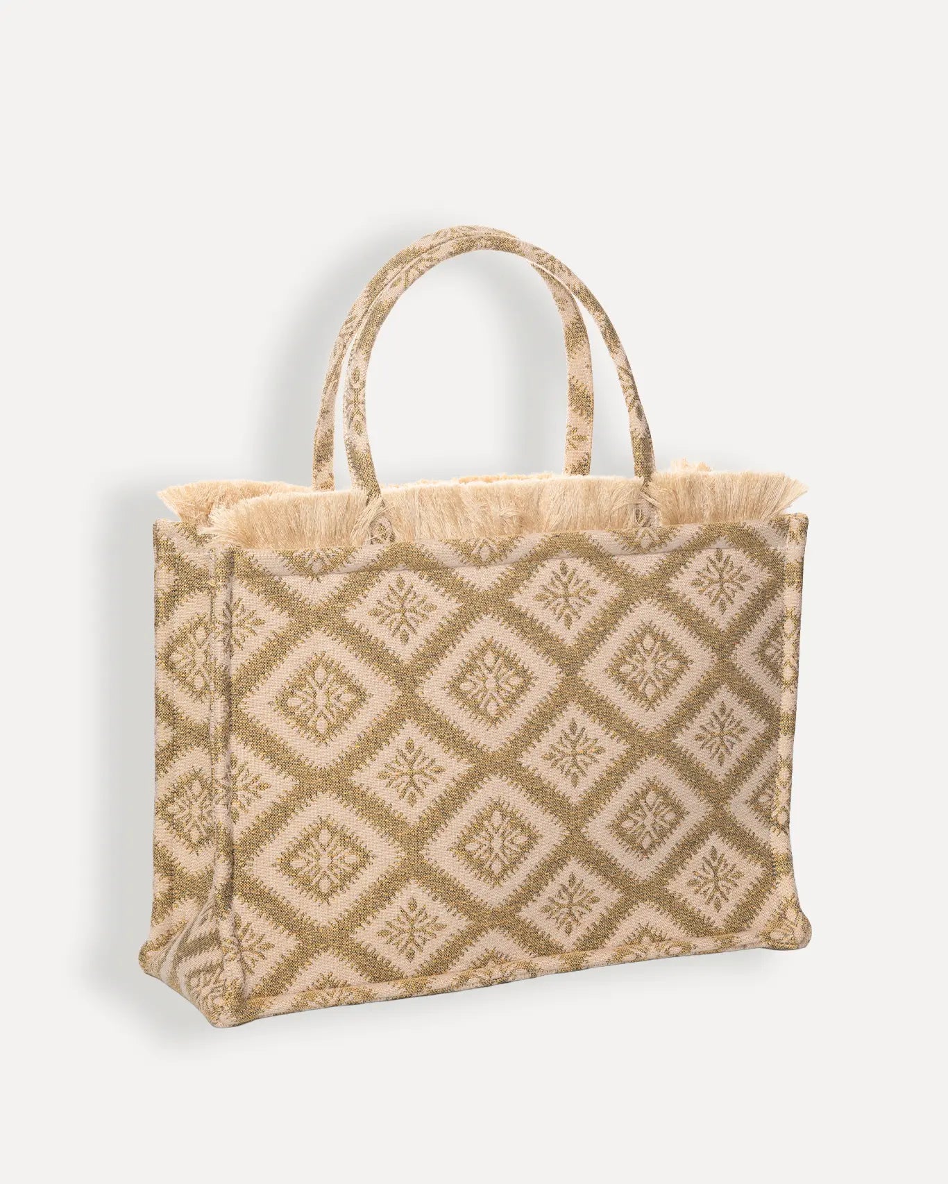 Rückseite Arhontissa Large Tote Bag Sorena Greece, Jacquard in Sand Beige Ivory, saubere Handarbeit Shopper Griechenland.