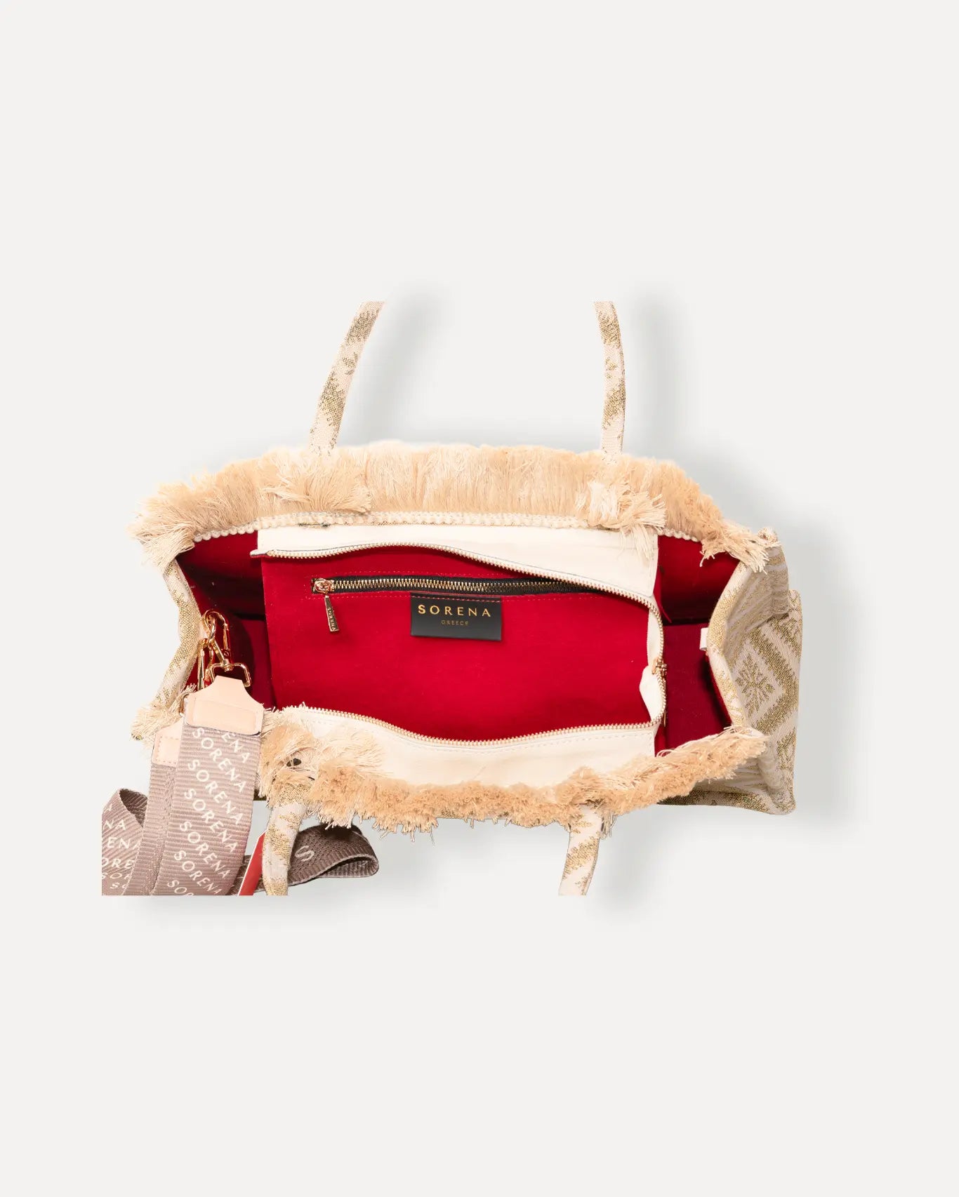 Innenansicht Arhontissa Large Tote Bag Sorena Greece, geräumiges Hauptfach Innentasche vegane Shopper Tasche griechisches Handwerk.