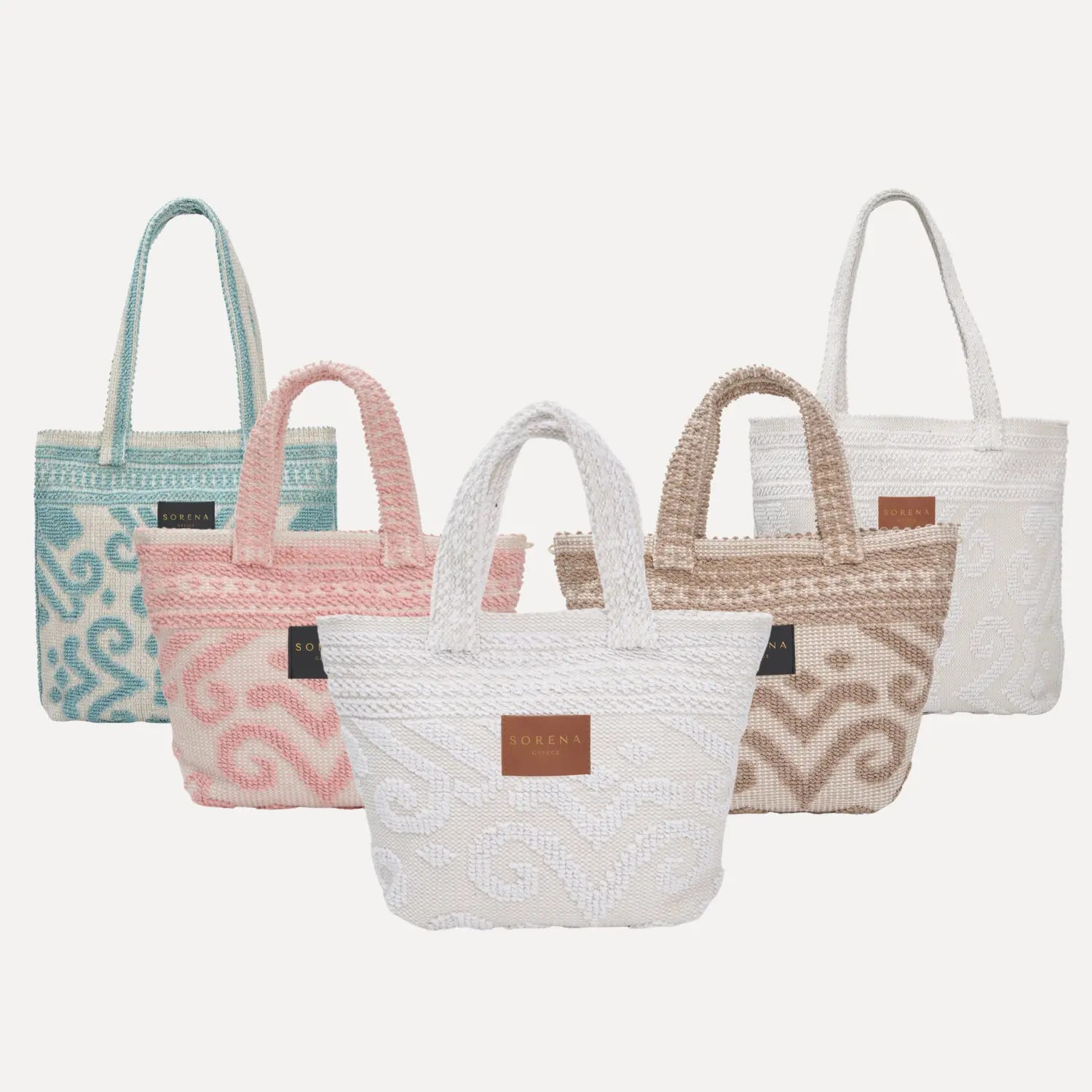 Sorena Greece Strandtaschen Kollektion handgefertigte Beach Bags mit wasserabweisendem Innenfutter und Reißverschluss, Falbala und Cycladitissa Traveller Bag für Strand und Reisen, vegane große Strandtasche aus Griechenland SIMORA Schweiz