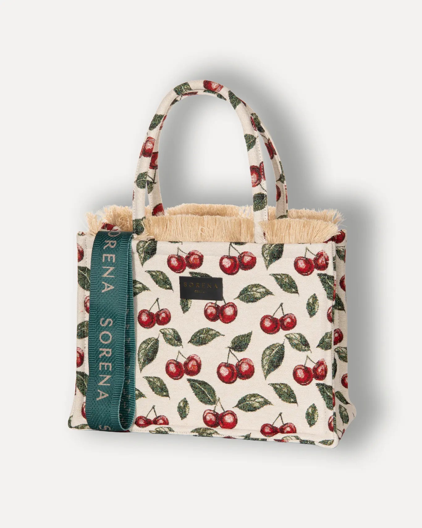 Linke Seite Cherry Medium Tote Bag Sorena Greece, Jacquard Canvas Kirschrot lebhaftes Sommergewebe, breite Griffe mittelgroßer Shopper.