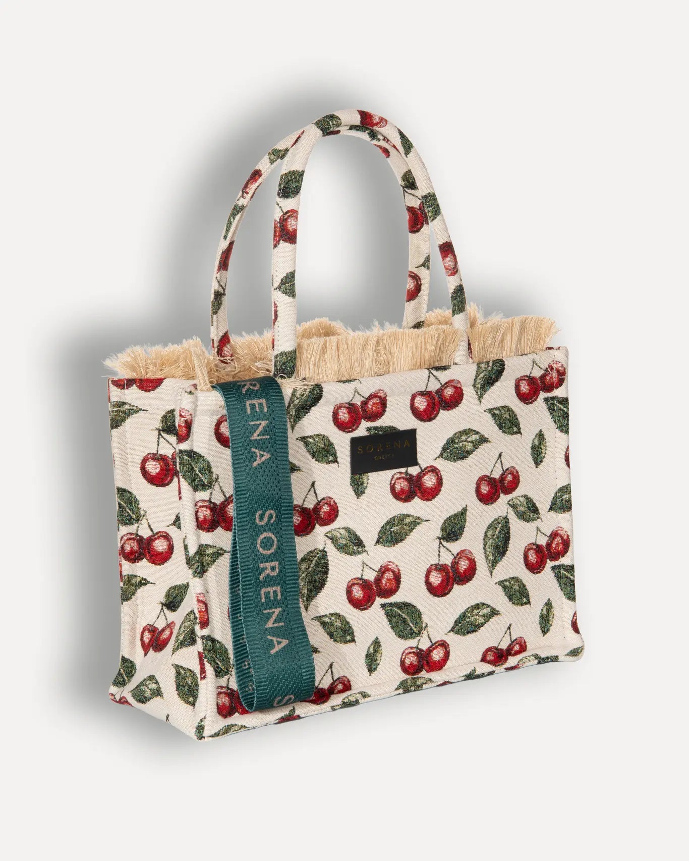 Rechte Seite Cherry Medium Tote Bag Sorena Greece, kräftiges Kirschrot Jacquard dicht gewebt handgefertigter Sommer Shopper.