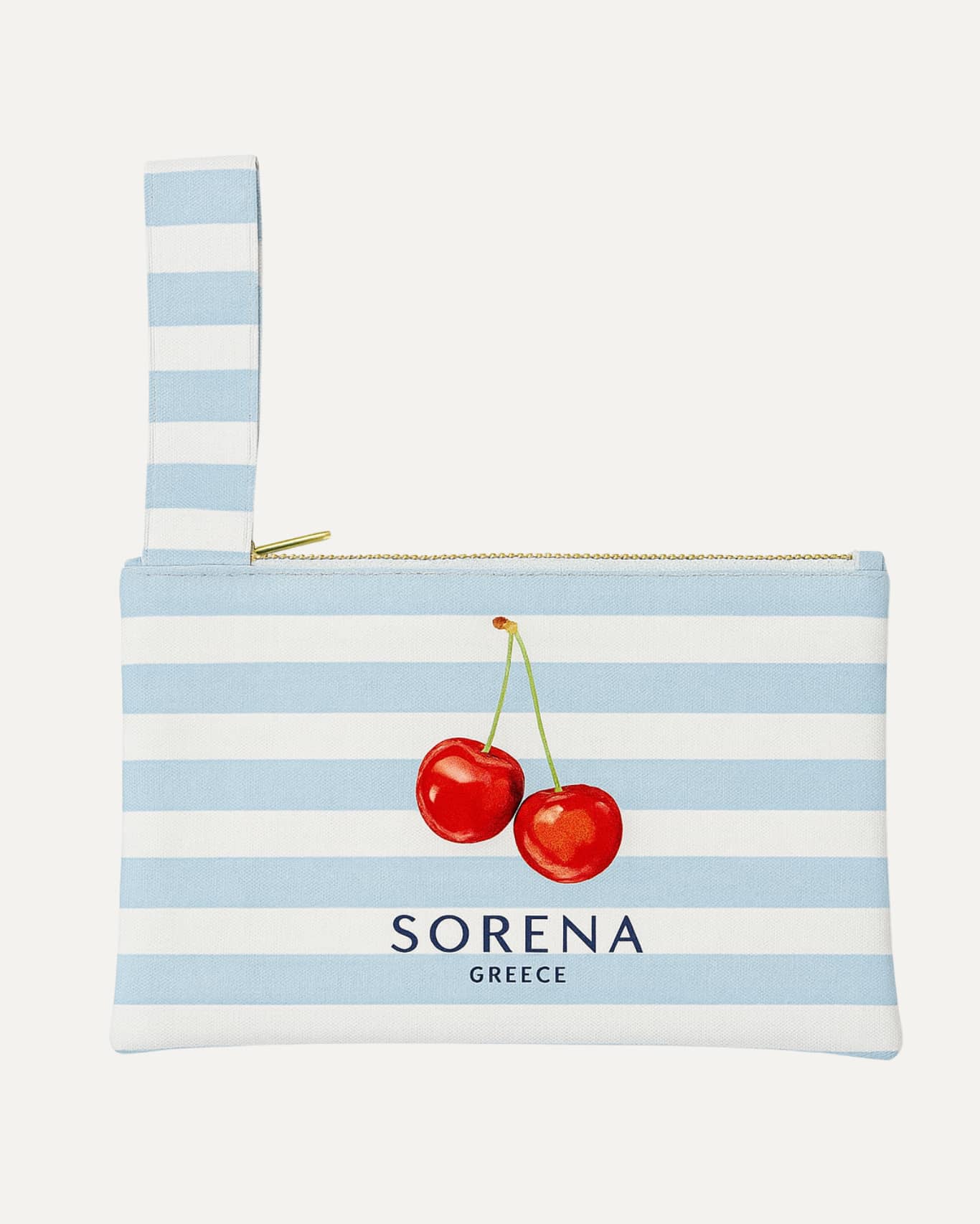 Sorena Greece Lucky Clutchmit Kirschenmuster und blauen Streifen handgefertigte Clutch Tasche Sorena Cycladitissa Kollektion griechisches Handwerk