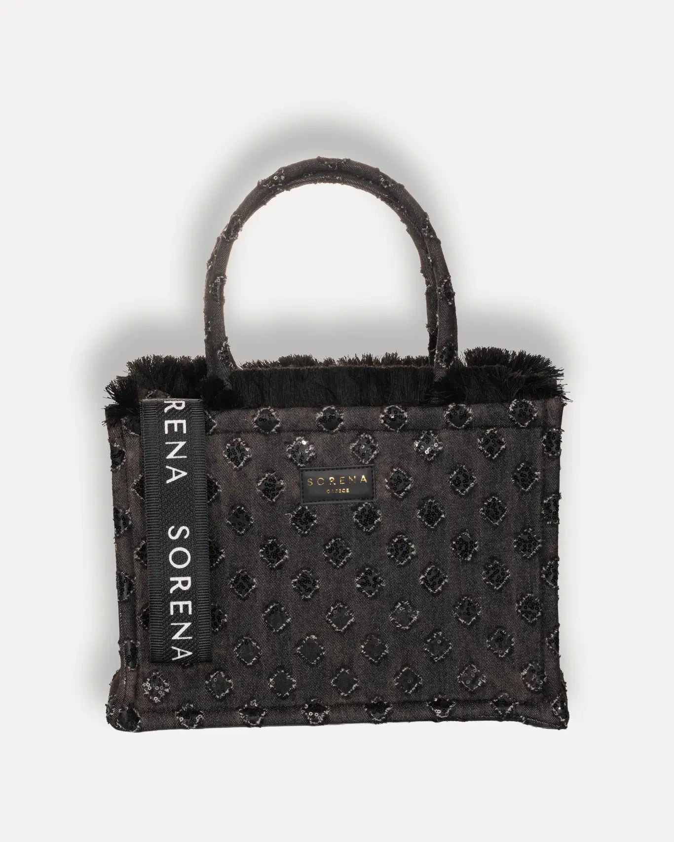 Sorena Greece Contessina Medium Tote Bag aus schwarzem Canvas mit erhöhten gesteppten Diamant Motiven, handgefertigter Shopper venezianisch inspiriert Griechenland.