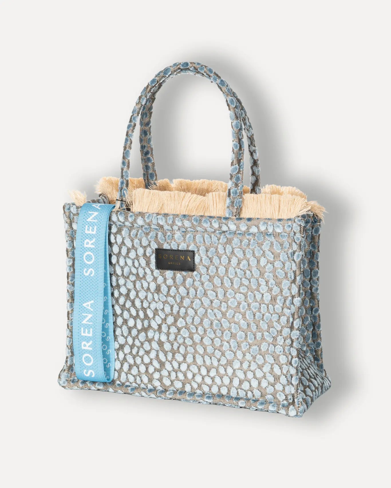 Linke Seite Cyclades Medium Tote Bag Sorena Greece, Blaugrau Polka Dot Struktur doppeltes Fach breite Griffe mittelgroßer Shopper.
