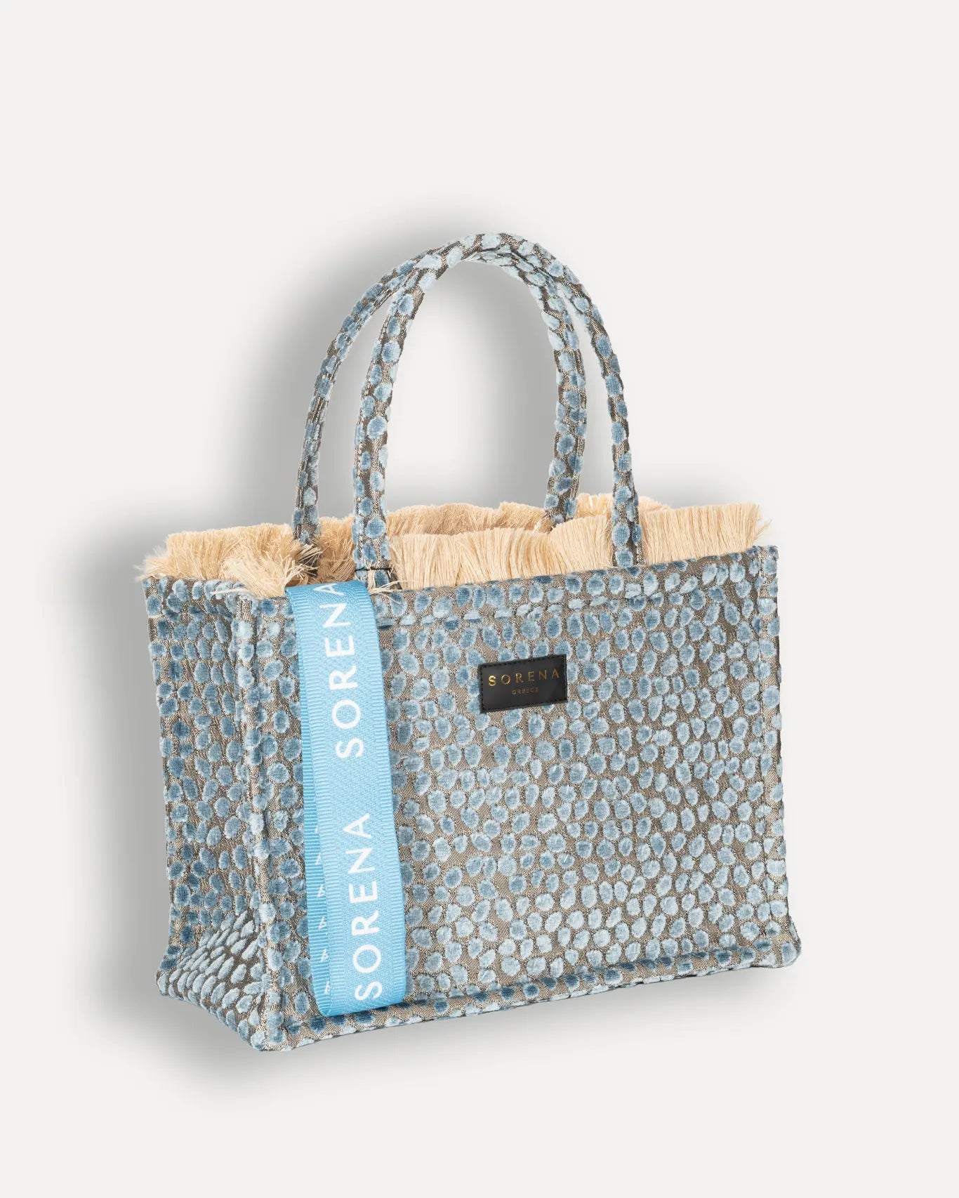 Rechte Seite Cyclades Medium Tote Bag Sorena Greece, samtartige Polka Dot Textur Blaugrau Töne handgefertigter Shopper Griechenland.