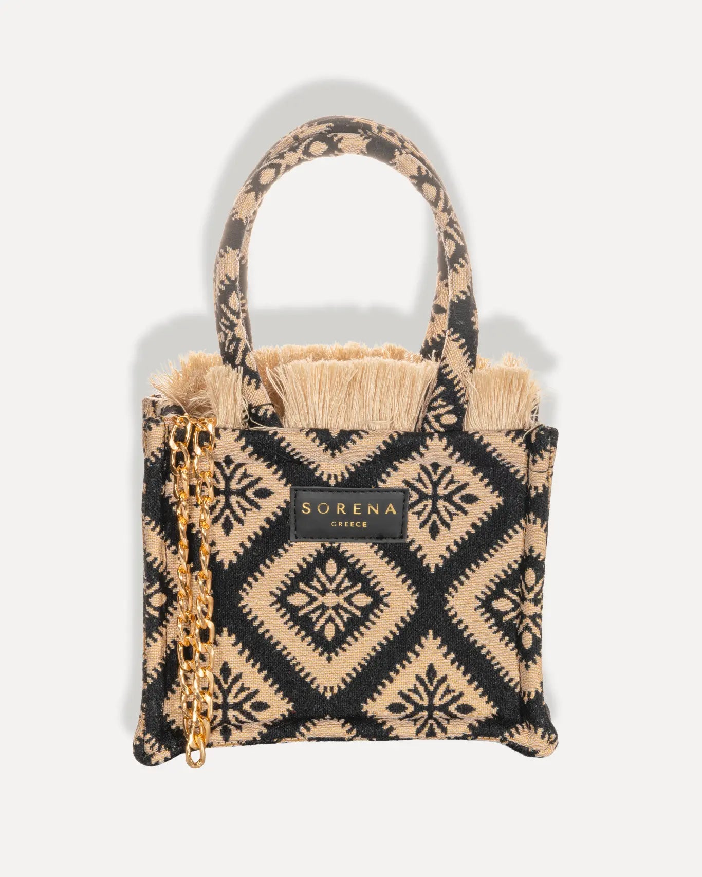 Sorena Greece Cycladitissa Mini Tote Bag aus Jacquard Gewebe in Schwarz und Beige mit geometrischem Muster, kleine handgefertigte Tasche aus Griechenland