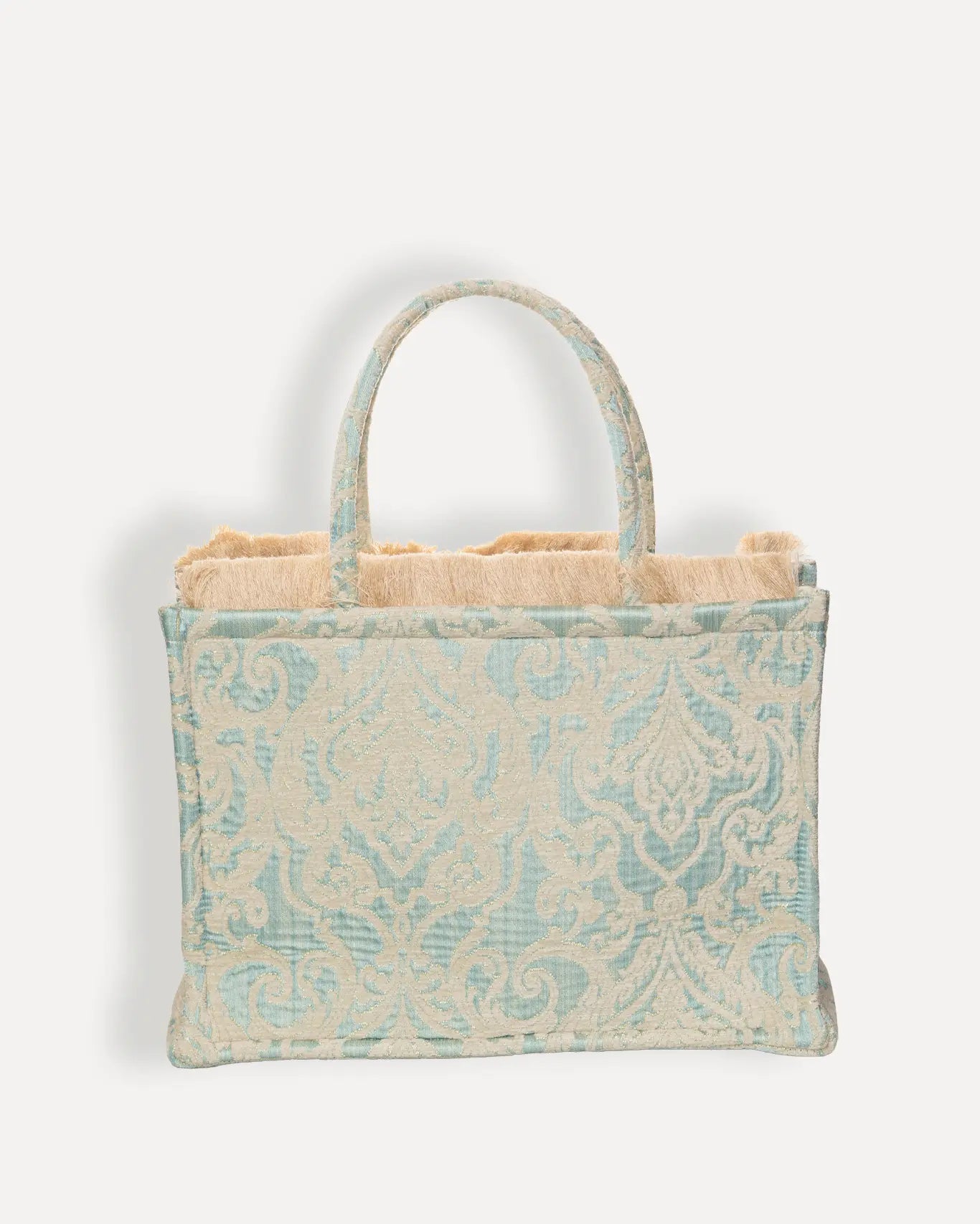 Rückseite Dioni Large Tote Bag Sorena Greece, Himmelblau Ivory Jacquard Rückseite handgefertigte Qualität großer Shopper.