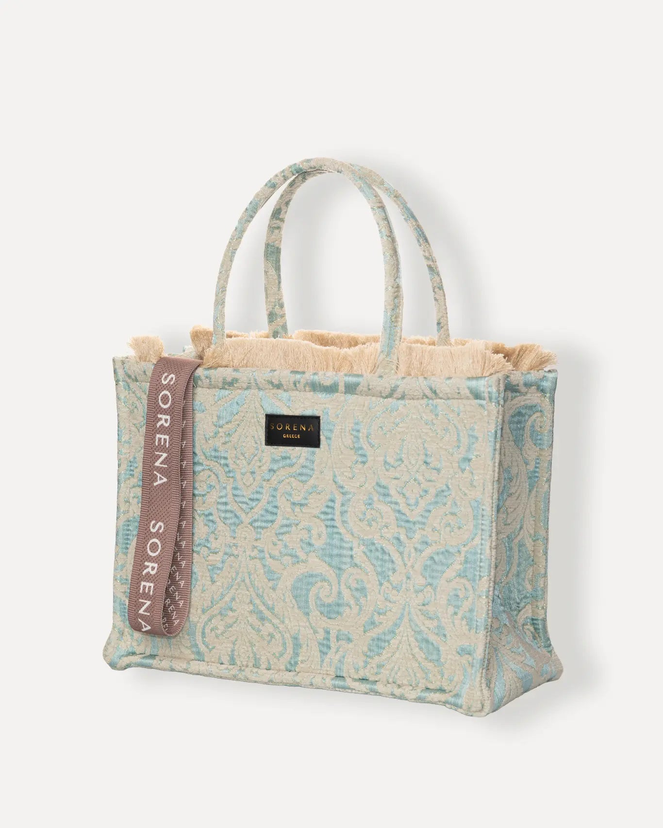 Linke Seite Dioni Large Tote Bag Sorena Greece, Himmelblau Ivory Jacquard barockes Scrollmuster großer Shopper breite Griffe.