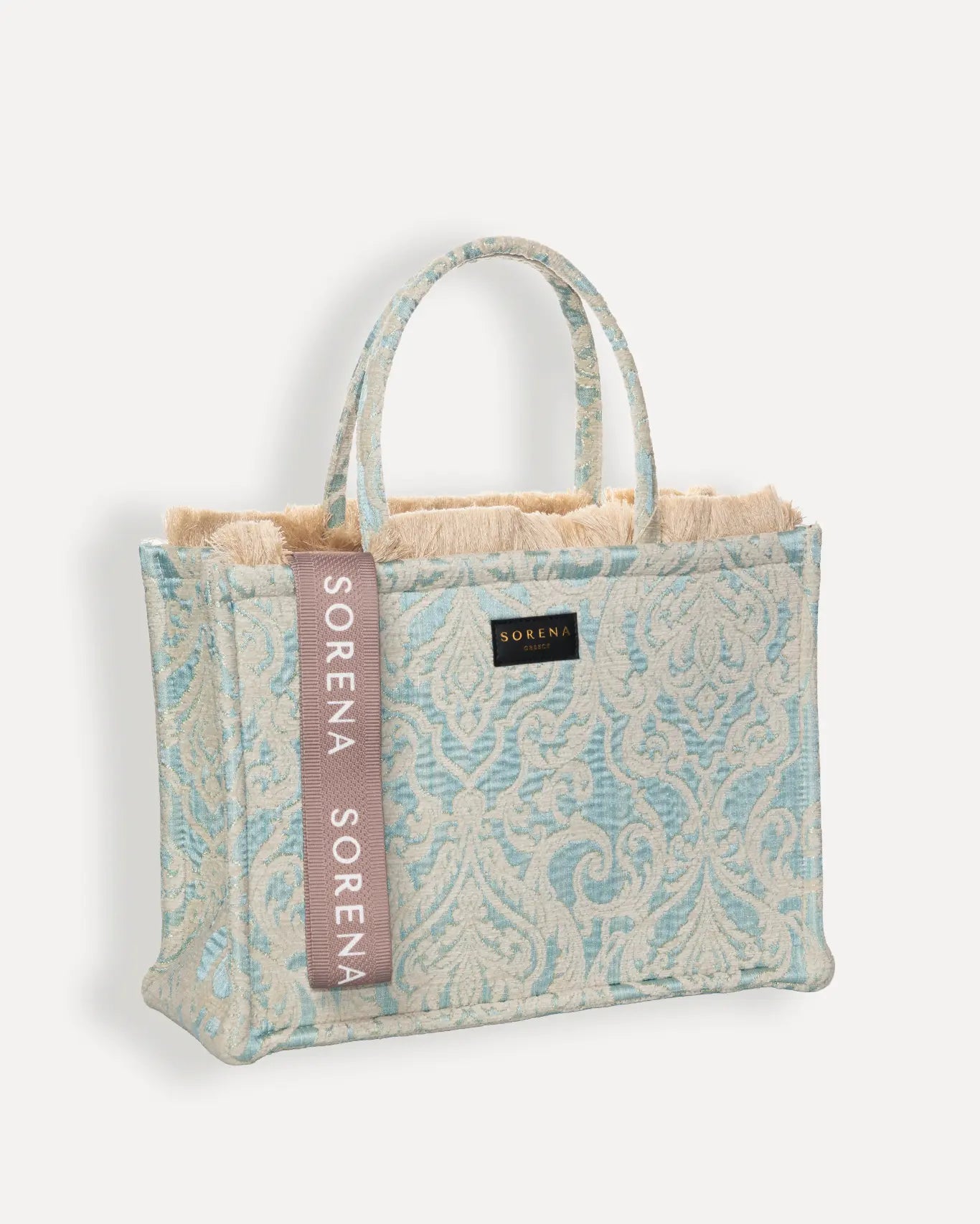 Rechte Seite Dioni Large Tote Bag Sorena Greece, luxuriöser Jacquard Himmelblau Ivory Barockornament handgefertigter Shopper Griechenland.