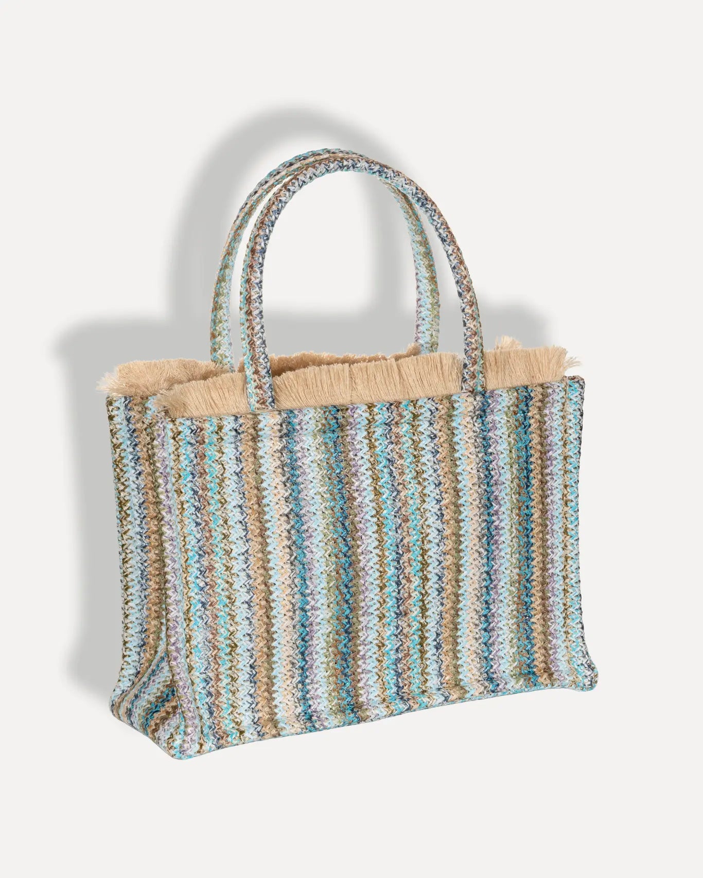 Rückseite Elafonisos Medium Tote Bag Sorena Greece, Naturtstroh Rückseite Häkeloptik Seegrün Lavendel handgefertigte Qualität.