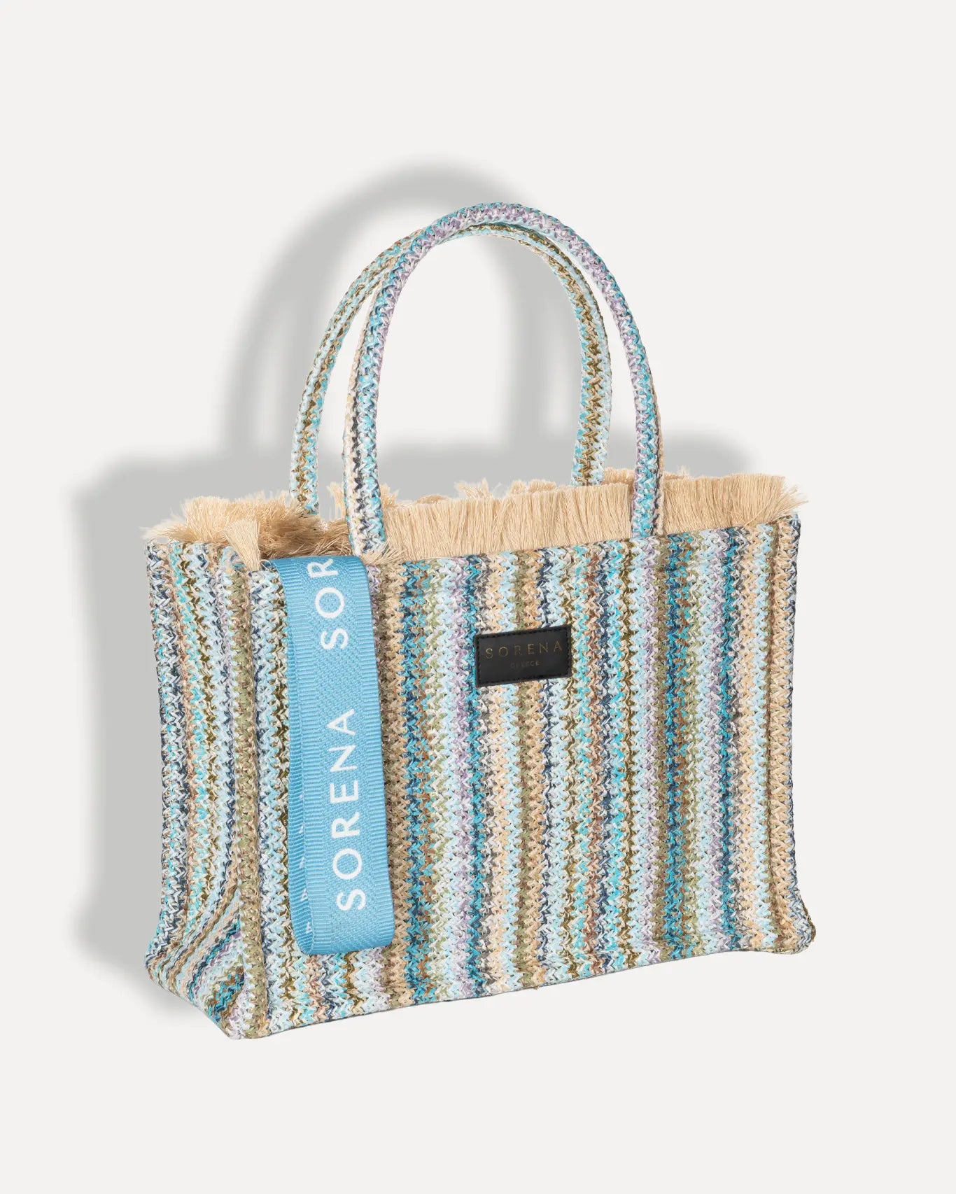 Rechte Seite Elafonisos Medium Tote Bag Sorena Greece, Naturstrohtasche handgeflochtenes Muster Seegrün Sandbeige Sommertote Griechenland.