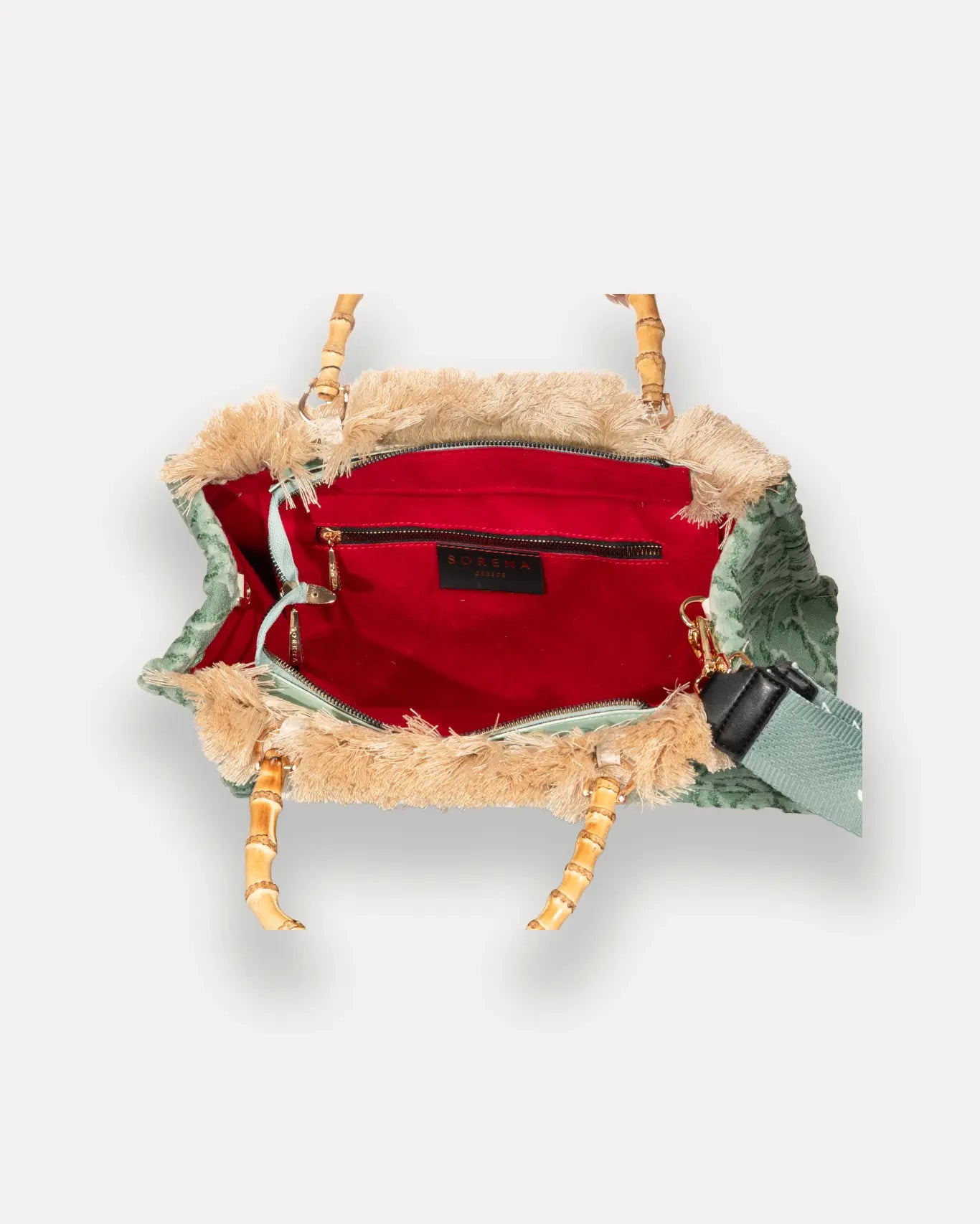 Innenansicht Esmeralda Medium Tote Bag Sorena Greece, Hauptfach Innentasche veganer Shopper Smaragdgrün Griechenland.